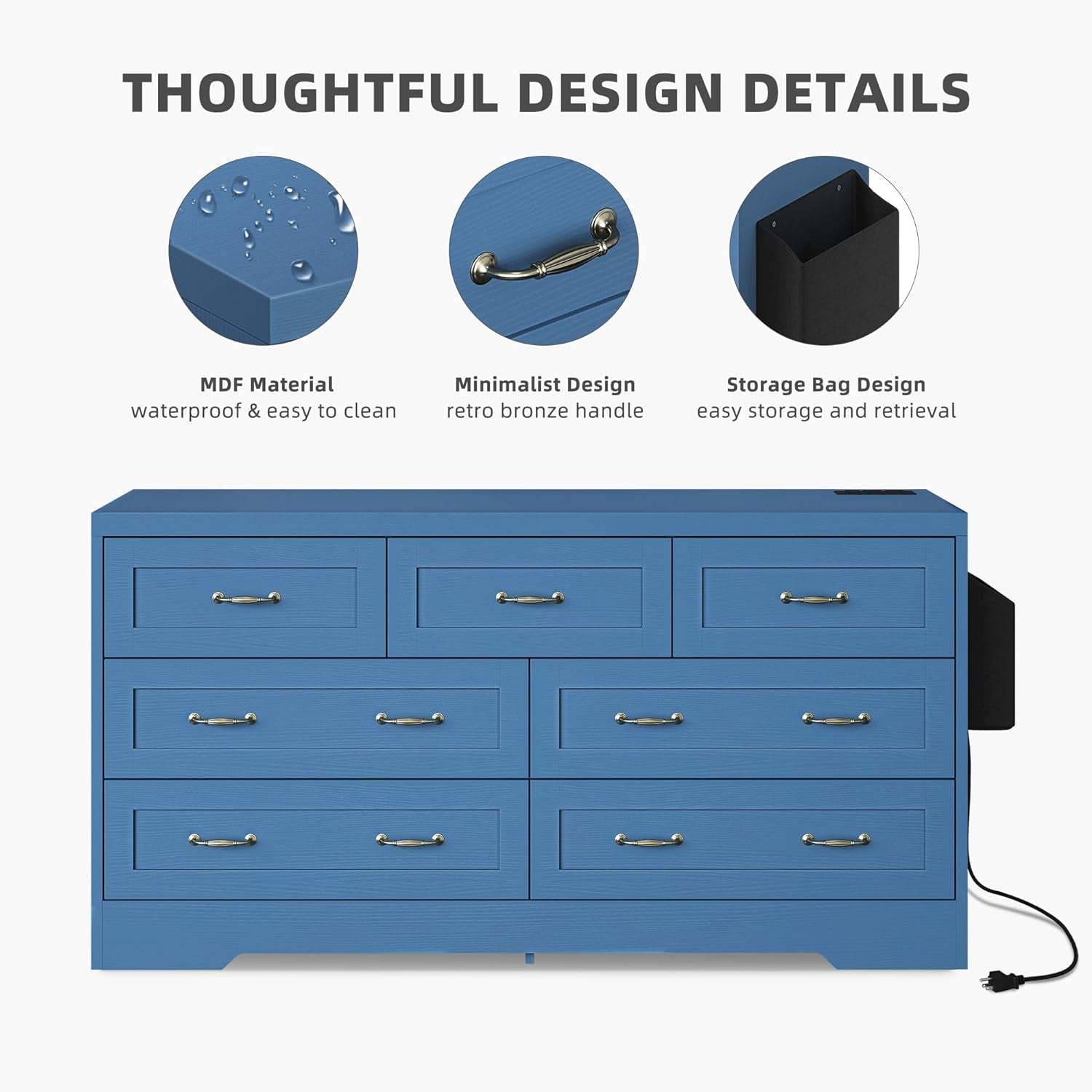 Blue 7-Drawer TV Stand for 65 Inch TV With Power Outlets