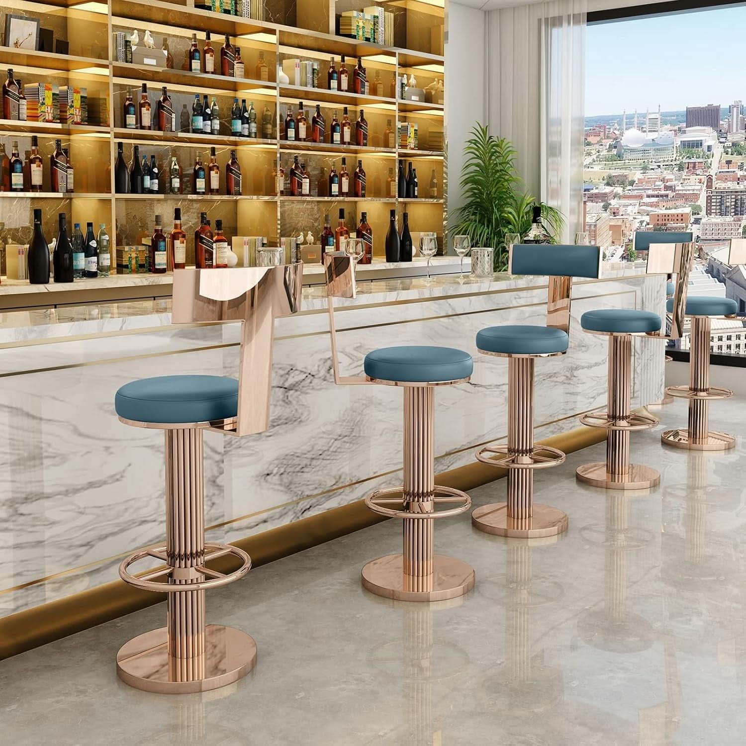 Blue Adjustable Height Counter Height Bar Stool With Backrest