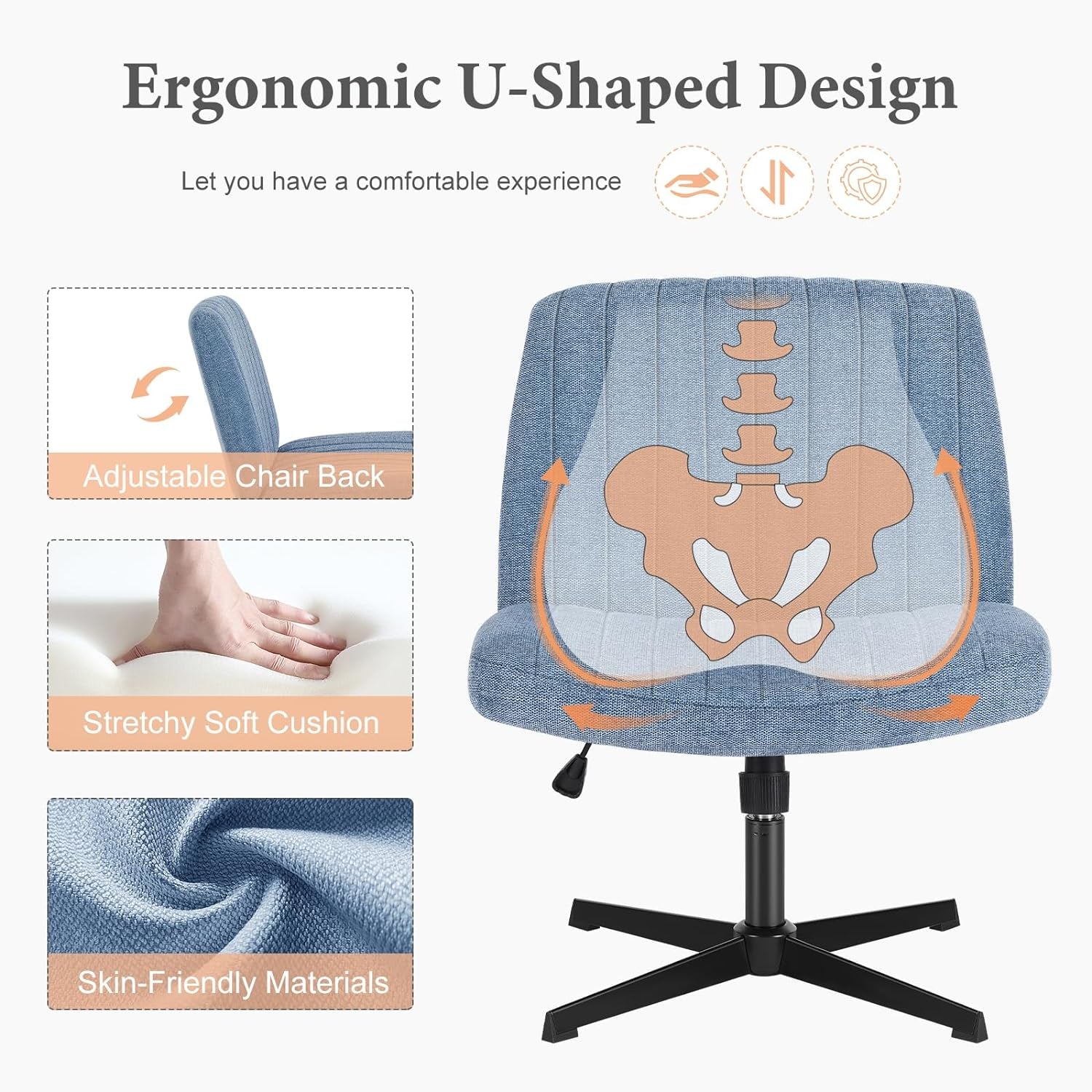 Blue Armless Height Adjustable Office Chair Wide Seat