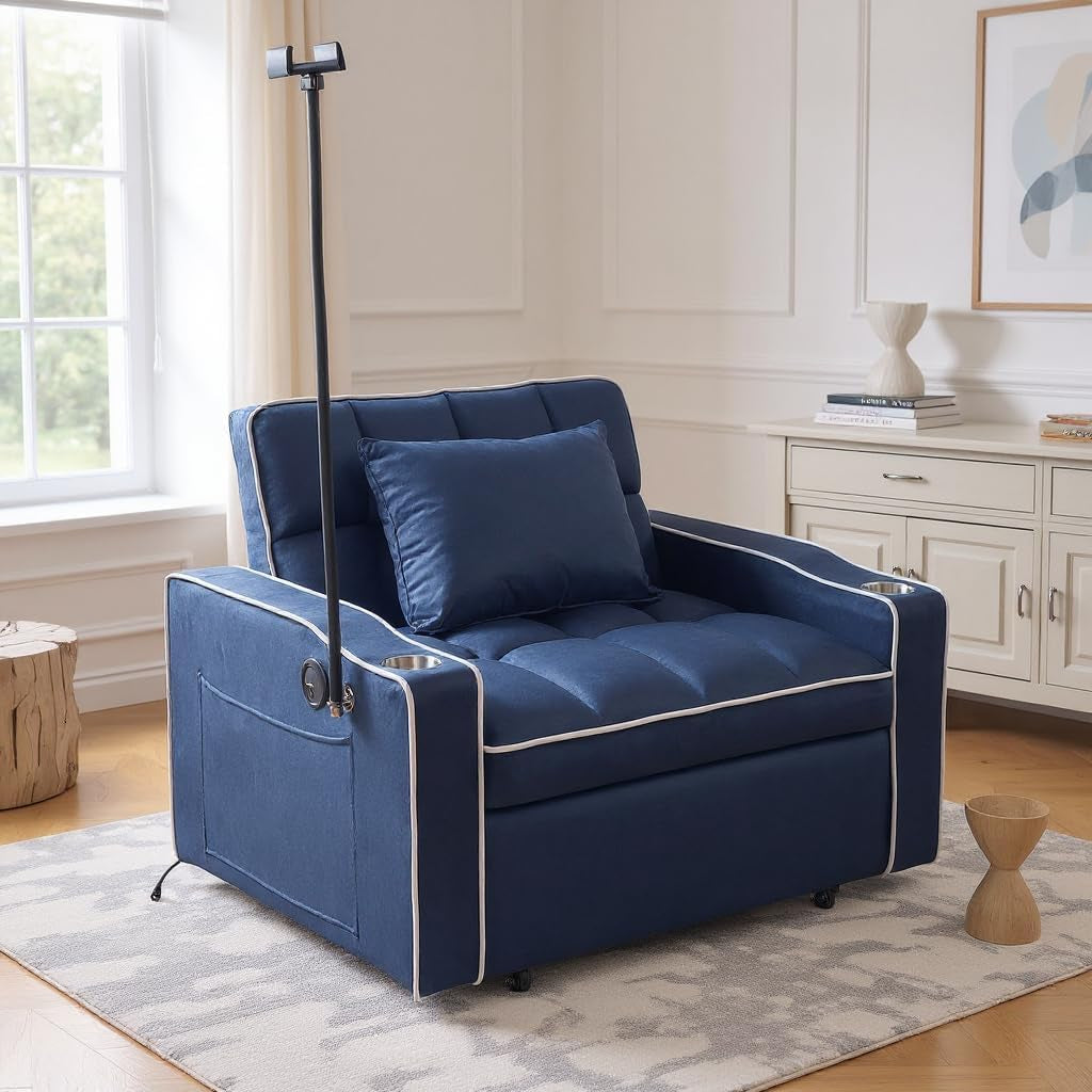 Blue Convertible Sleeper Chair With Integrated Cupholder