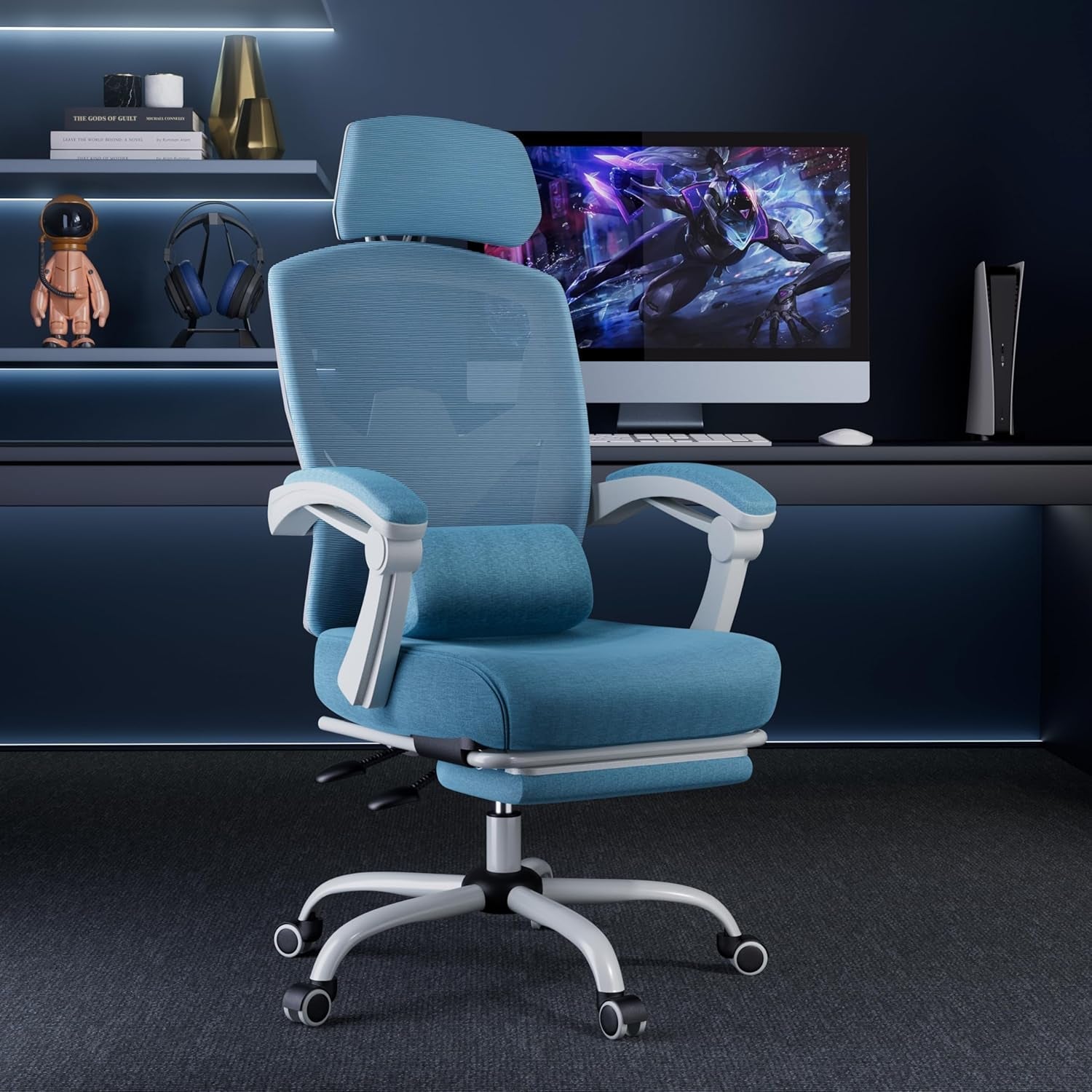 Blue Ergonomic High Back Desk Chair With Footrest Lumbar
