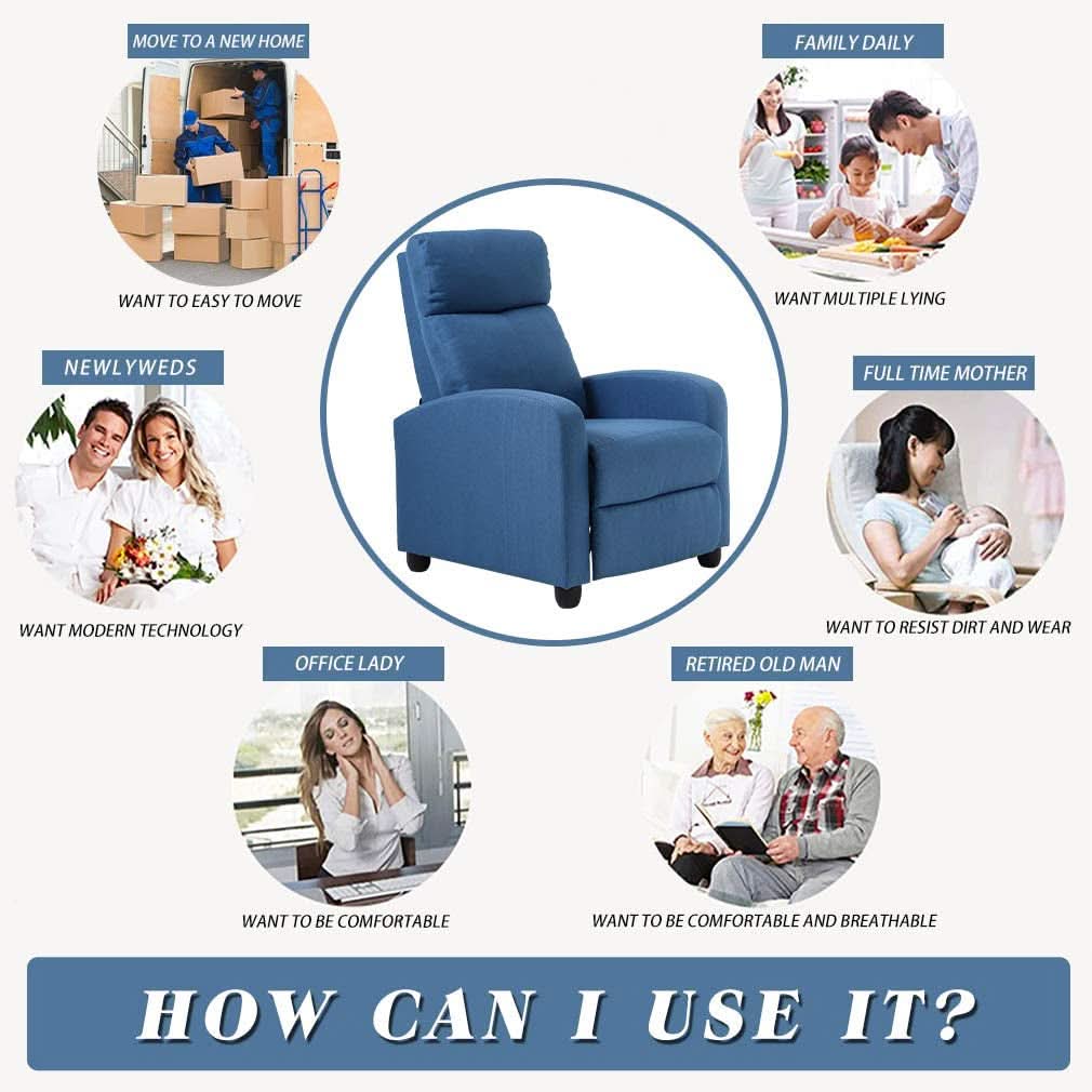 Blue Fabric Recliner Chair For Living Room Home Theater