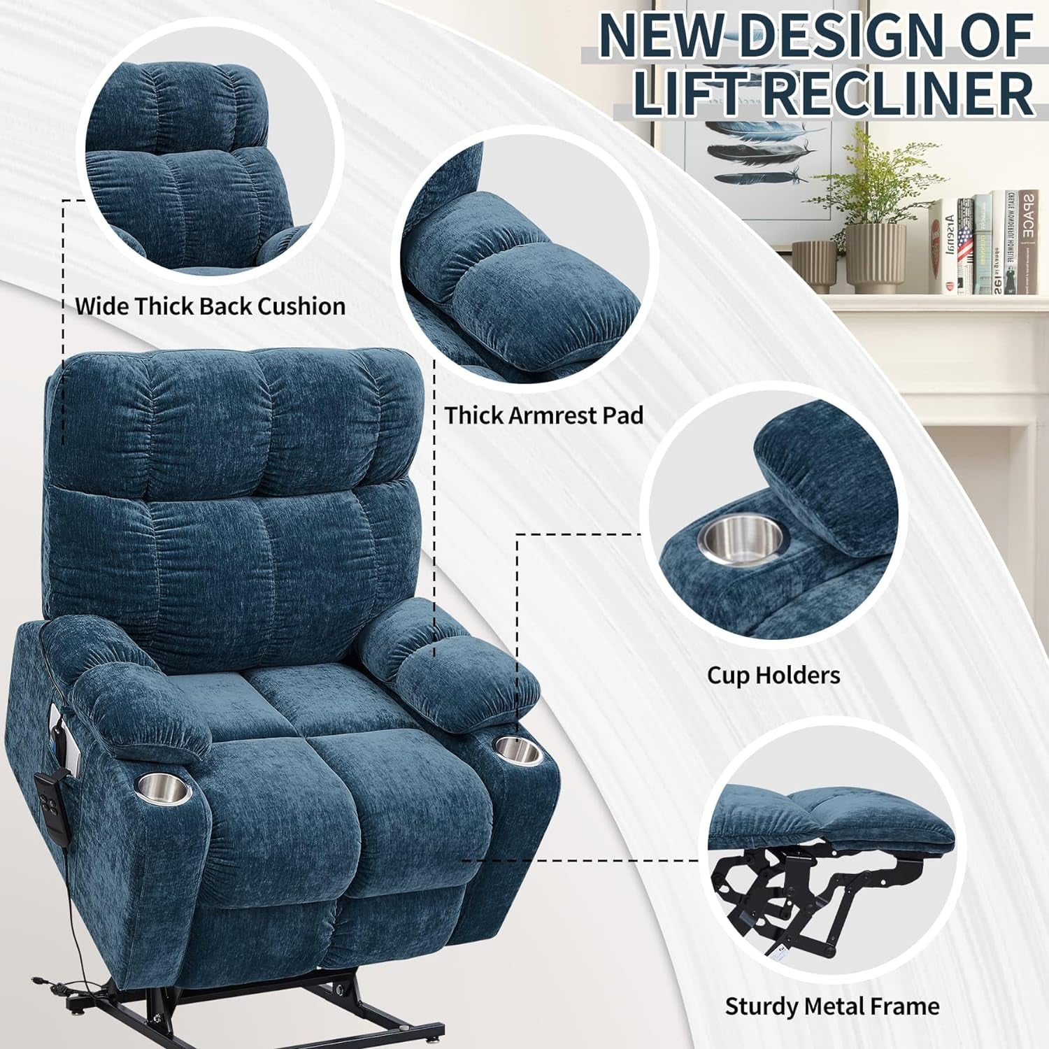 Blue Lift Recliner Chair Heat Massage Living Room Comfort