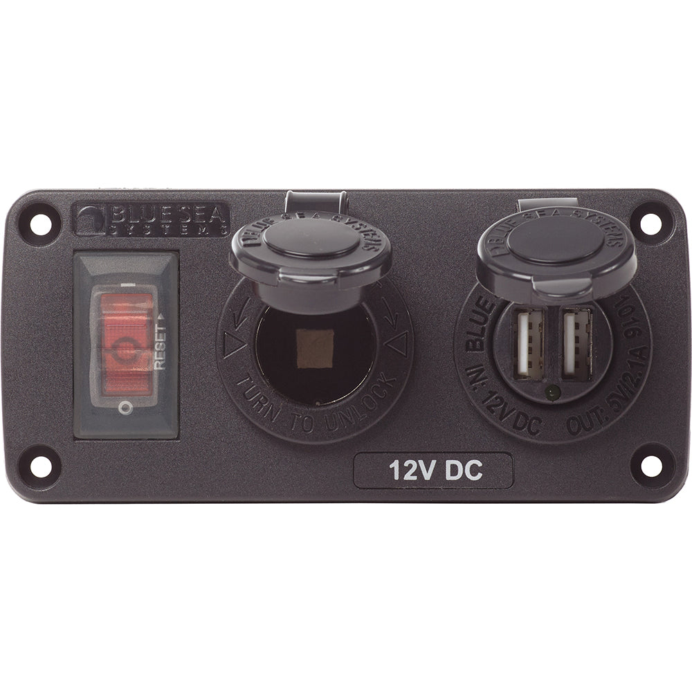 Blue Sea 4363 Water Resistant USB Accessory Panels - 15A Circuit Breaker, 12V Socket, 2.1A