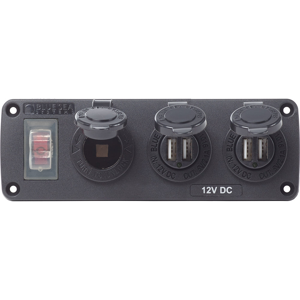Blue Sea 4365 Water Resistant USB Accessory Panel - 15A Circuit Breaker, 12V Socket, 2x