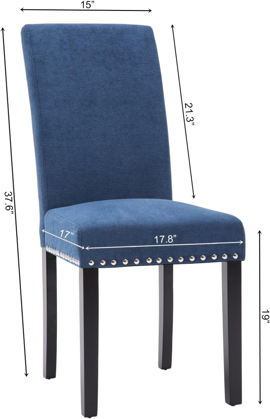 Blue Upholstered Dining Chair Pair With Copper Nailheads