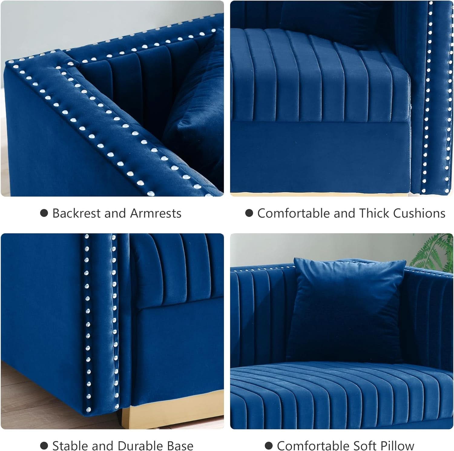 Blue Velvet Sofa Set With Gold Nailhead Legs For Living Room Couch And Loveseat
