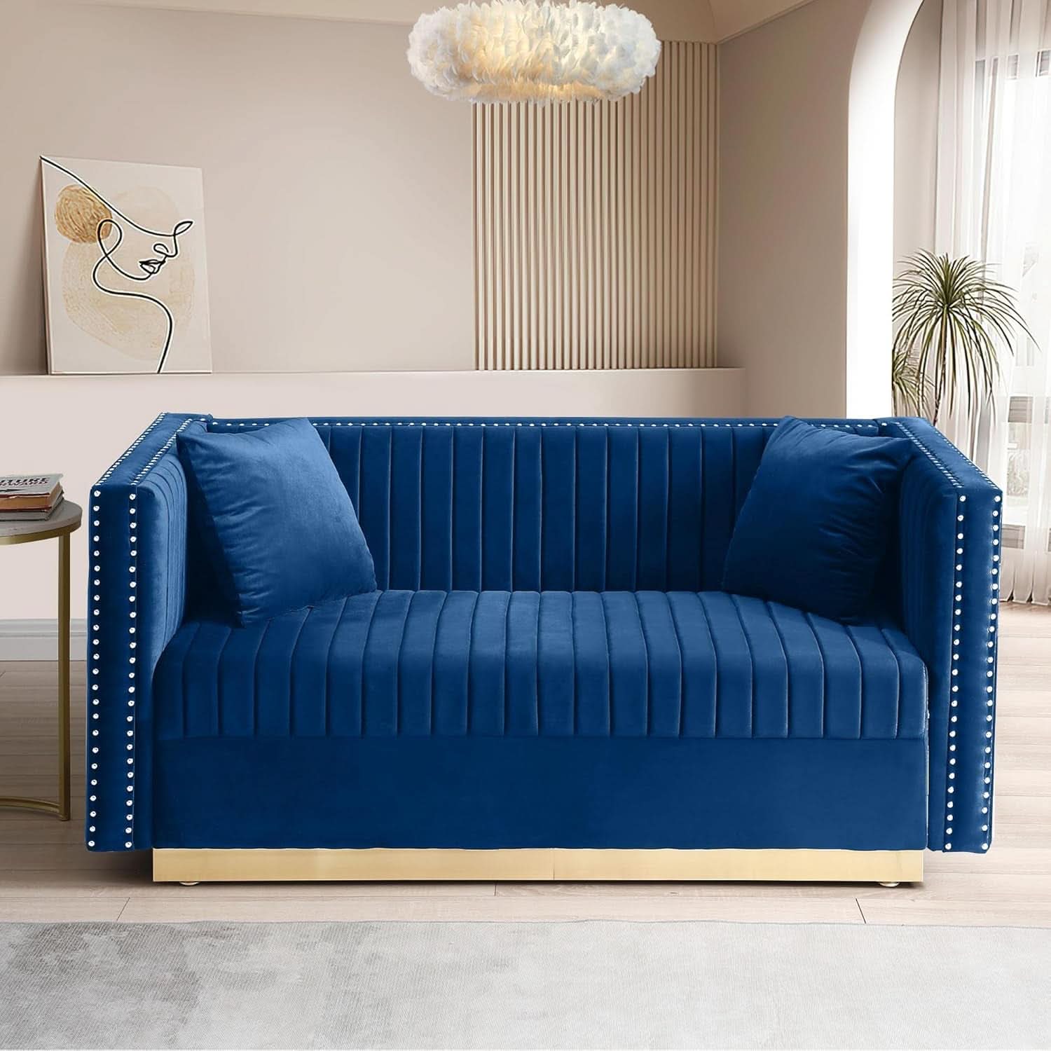 Blue Velvet Sofa Set With Gold Nailhead Legs For Living Room Couch And Loveseat