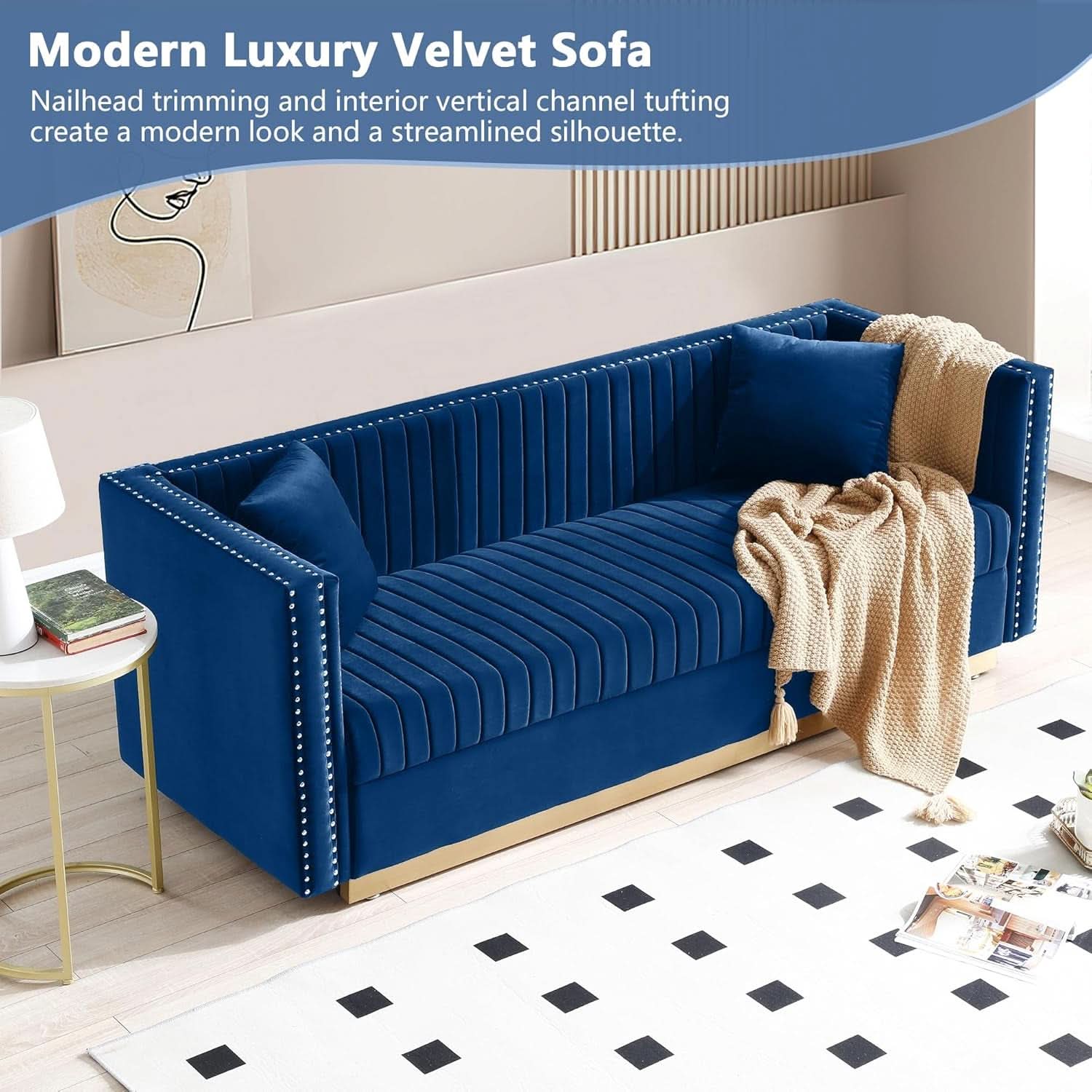 Blue Velvet Sofa Set With Gold Nailhead Legs For Living Room Couch And Loveseat