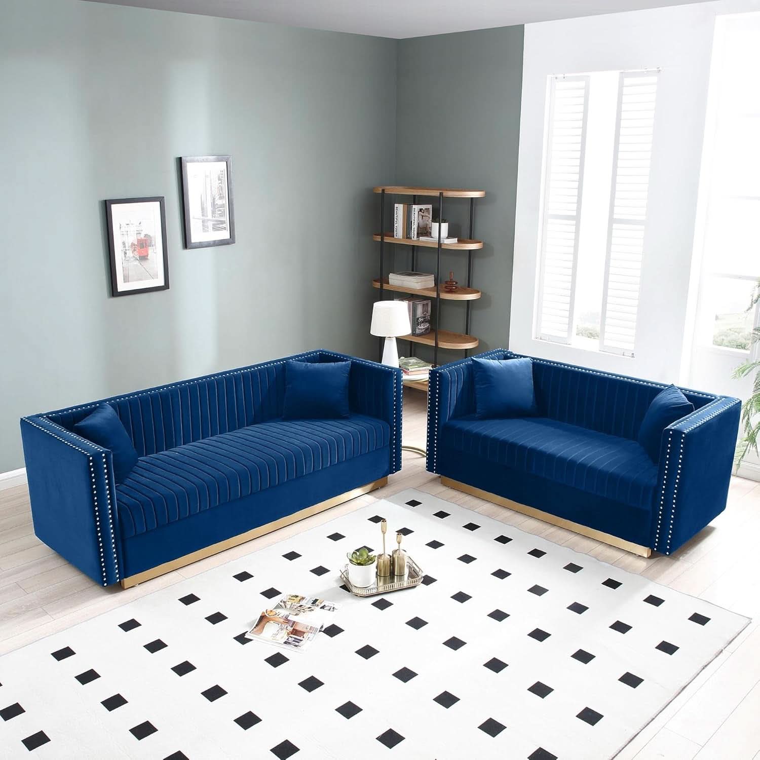 Blue Velvet Sofa Set With Gold Nailhead Legs For Living Room Couch And Loveseat