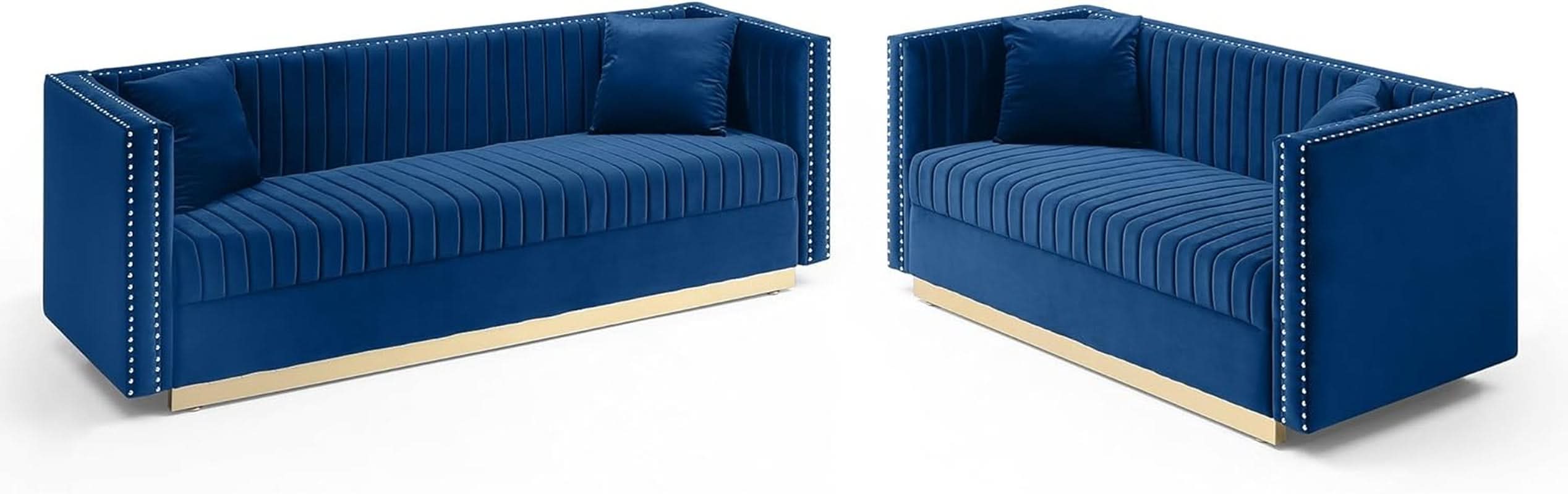 Blue Velvet Sofa Set With Gold Nailhead Legs For Living Room Couch And Loveseat