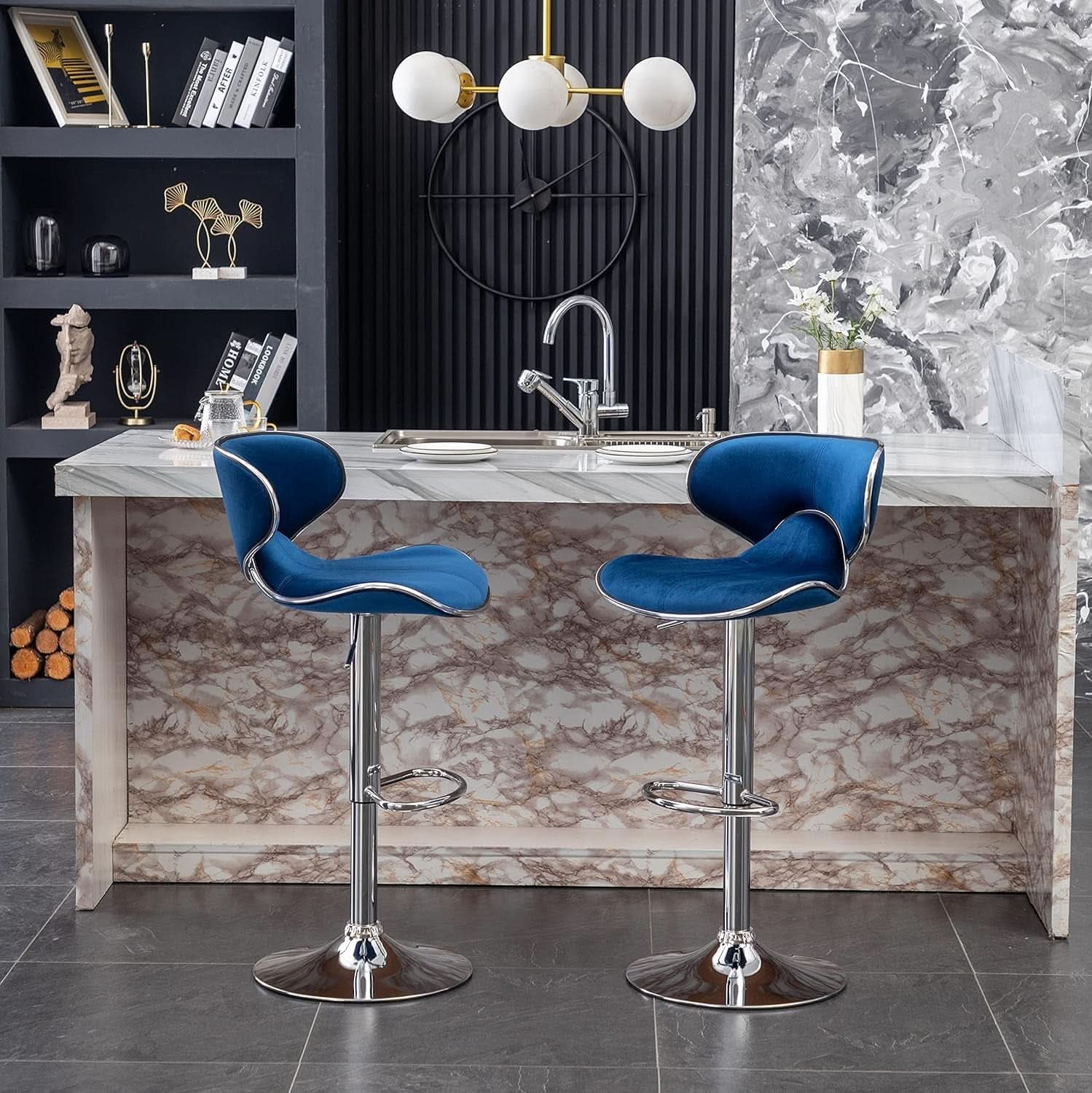 Blue Velvet Upholstered Adjustable Swivel Barstool Set Of 2