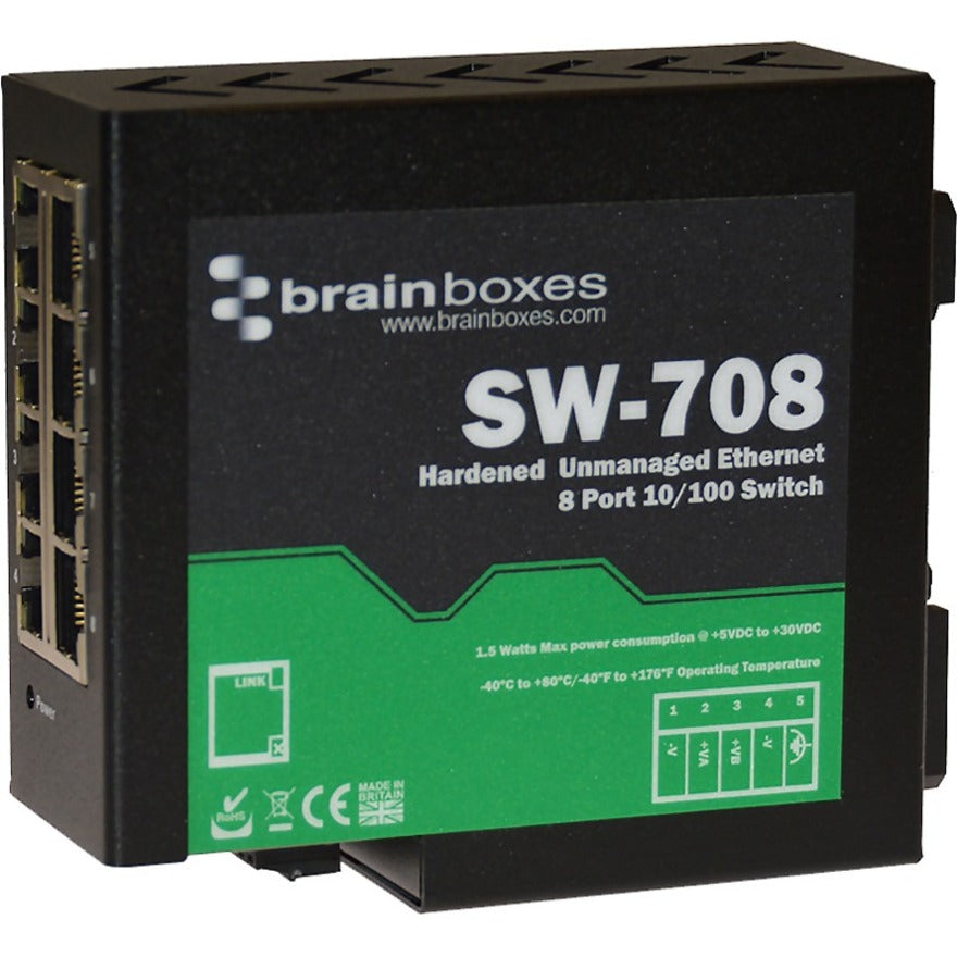 Brainboxes Hardened Industrial Ethernet 8 Port Switch DIN Rail Mountable SW-708