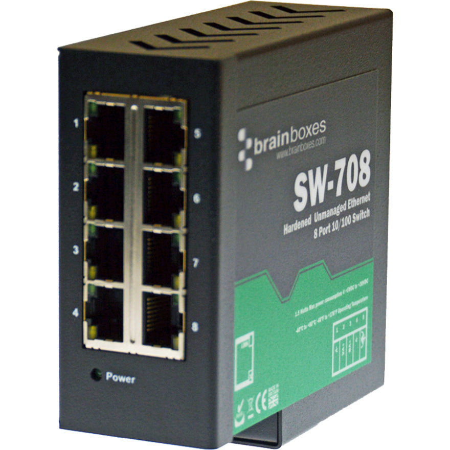 Brainboxes Hardened Industrial Ethernet 8 Port Switch DIN Rail Mountable SW-708