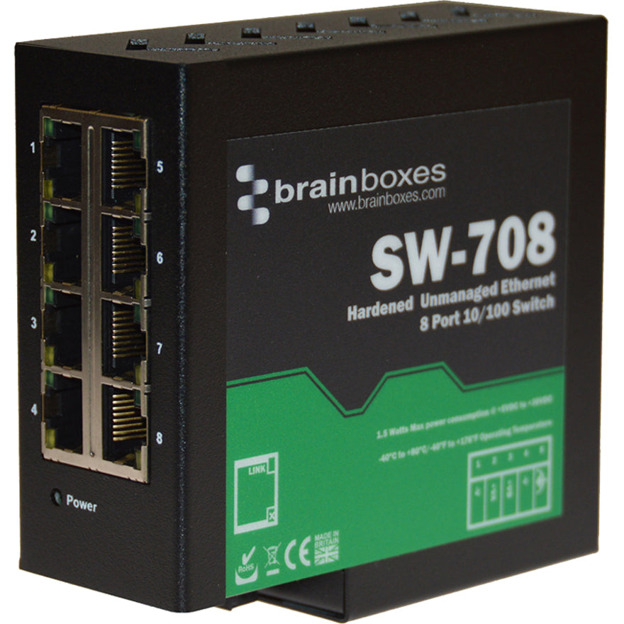 Brainboxes Hardened Industrial Ethernet 8 Port Switch DIN Rail Mountable SW-708