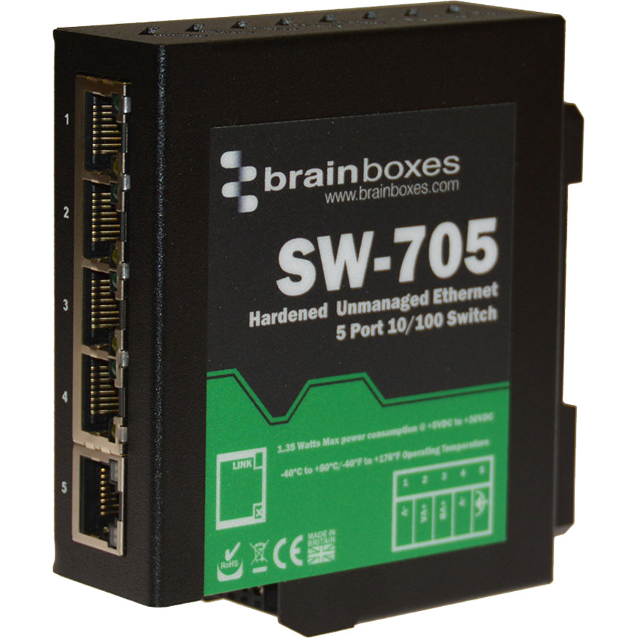 Brainboxes Industrial Hardened Ethernet 5 Port Switch DIN Rail Mountable SW-705