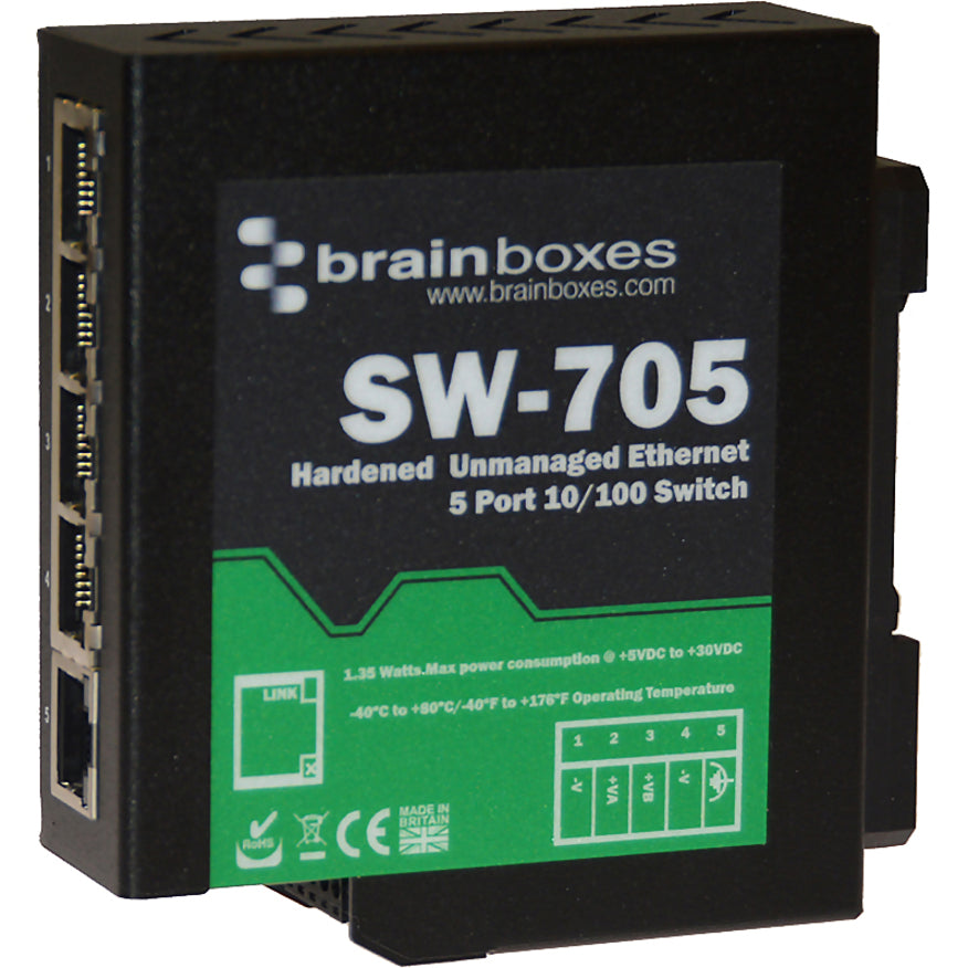 Brainboxes Industrial Hardened Ethernet 5 Port Switch DIN Rail Mountable SW-705