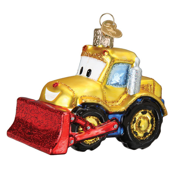 Bright Eyed Bulldozer Glass Ornament