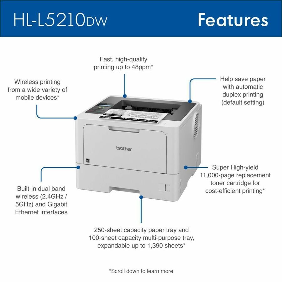 Brother HL HL-L5210DW Desktop Wireless Laser Printer - Monochrome