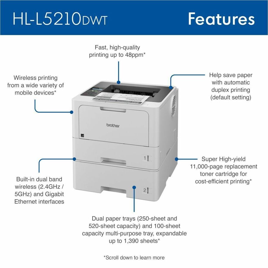 Brother HL HL-L5210DW Desktop Wireless Laser Printer - Monochrome