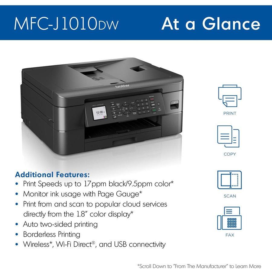 Brother MFC MFC-J1010DW Inkjet Multifunction Printer-Color-Copier/Fax/Scanner-17 ppm Mono/9.5 ppm Color Print-6000x1200 dpi Print-Automatic Duplex Print-150 sheets Input-Color Flatbed Scanner-1200 dpi Optical Scan-Color Fax-Wireless LAN MFC-J1010DW