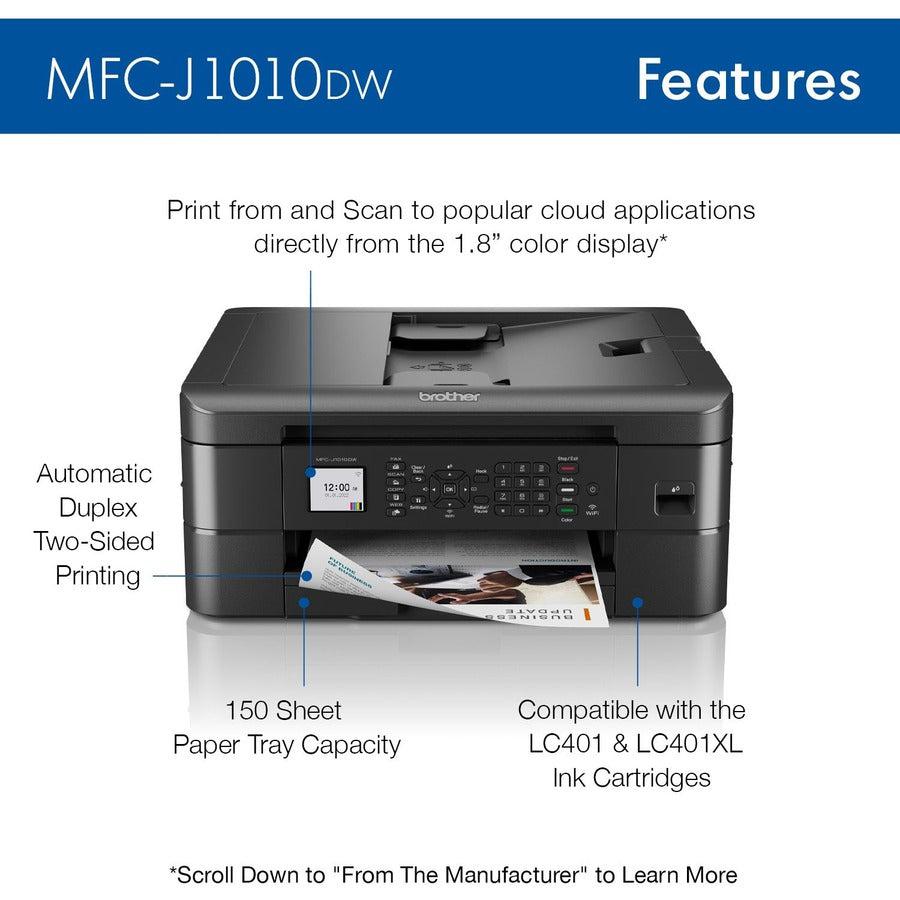 Brother MFC MFC-J1010DW Inkjet Multifunction Printer-Color-Copier/Fax/Scanner-17 ppm Mono/9.5 ppm Color Print-6000x1200 dpi Print-Automatic Duplex Print-150 sheets Input-Color Flatbed Scanner-1200 dpi Optical Scan-Color Fax-Wireless LAN MFC-J1010DW