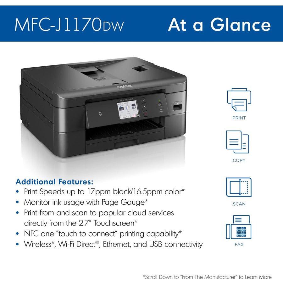 Brother MFC MFC-J1170DW Inkjet Multifunction Printer-Color-Copier/Fax/Scanner-17 ppm Mono/16.5 ppm Color Print-6000x1200 dpi Print-Automatic Duplex Print-150 sheets Input-Color Flatbed Scanner-1200 dpi Optical Scan-Color Fax-Wireless LAN