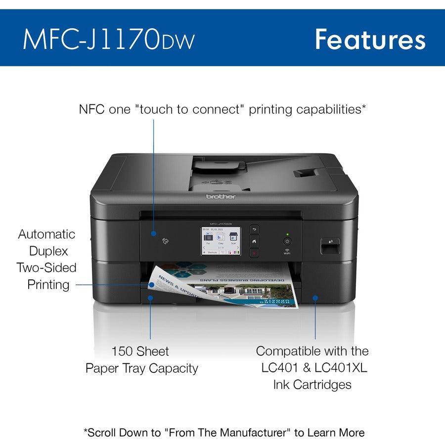 Brother MFC MFC-J1170DW Inkjet Multifunction Printer-Color-Copier/Fax/Scanner-17 ppm Mono/16.5 ppm Color Print-6000x1200 dpi Print-Automatic Duplex Print-150 sheets Input-Color Flatbed Scanner-1200 dpi Optical Scan-Color Fax-Wireless LAN