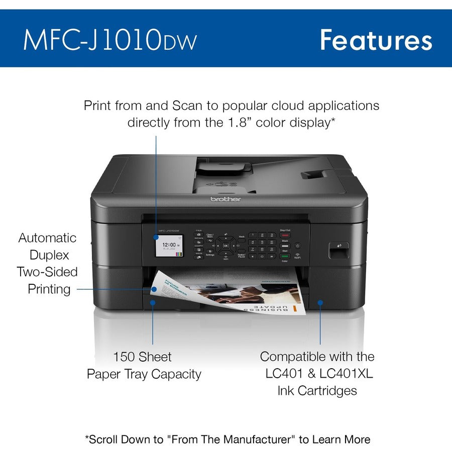 Brother Mfc Mfc-J1010Dw Inkjet Multifunction Printer-Color-Copier/Fax/Scanner-17 Ppm Mono/9.5 Ppm Color Print-6000X1200 Dpi Print-Automatic Duplex Print-150 Sheets Input-Color Flatbed Scanner-1200 Dpi Optical Scan-Color Fax-Wireless Lan MFCJ1010dw