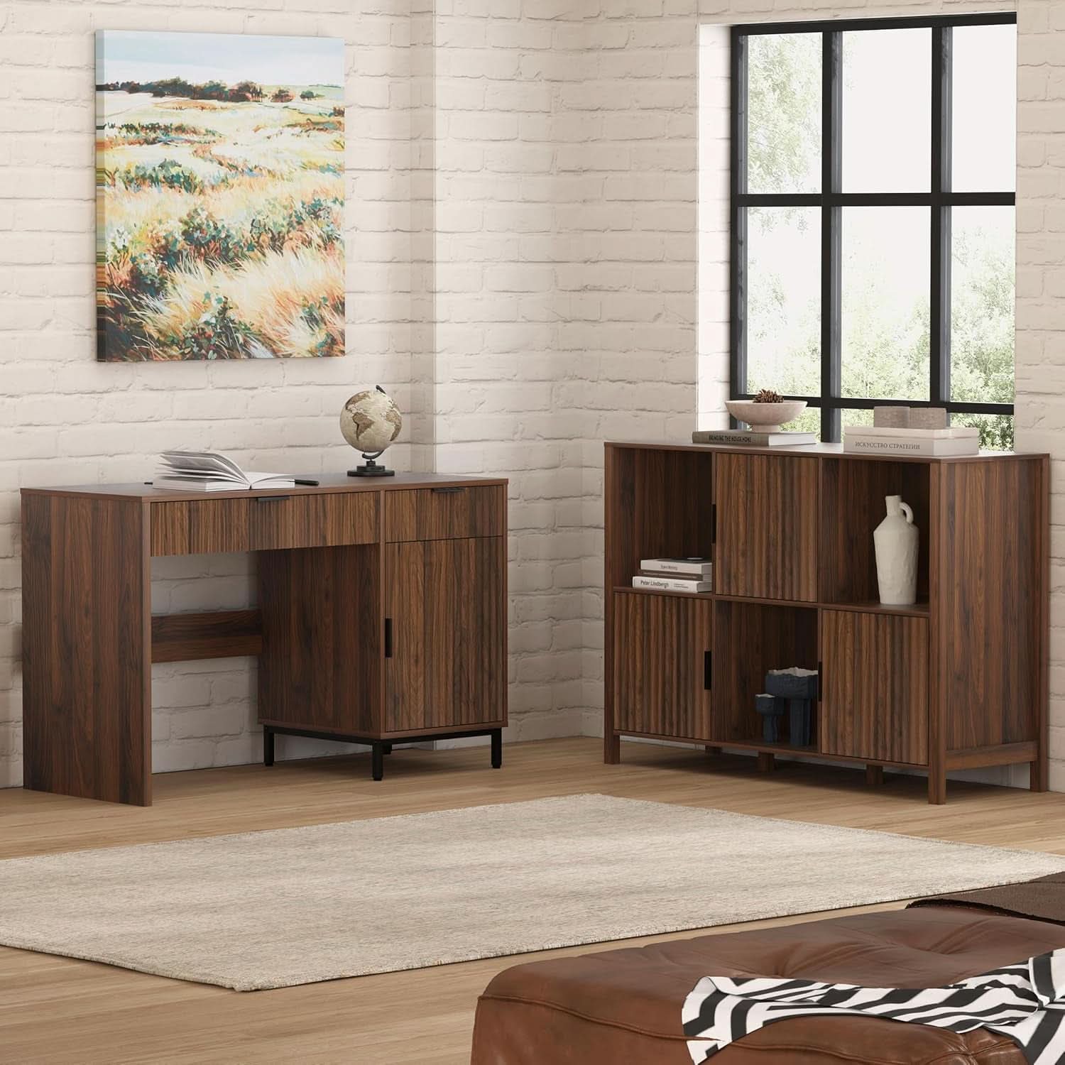 Brown 47 Inch Fluted Executive Desk Charging Station