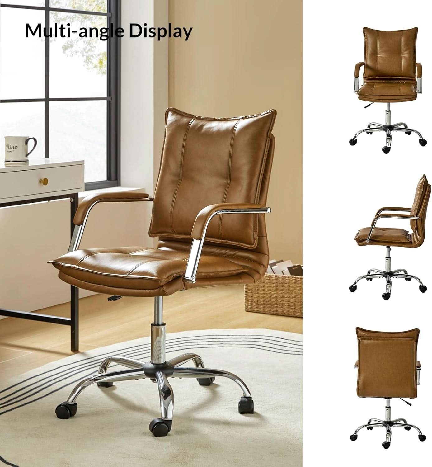 Brown Faux Leather Office Desk Chair Adjustable Swivel