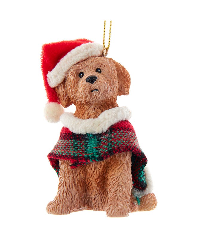 Brown Labradoodle With Plaid Coat and Santa Hat Ornament