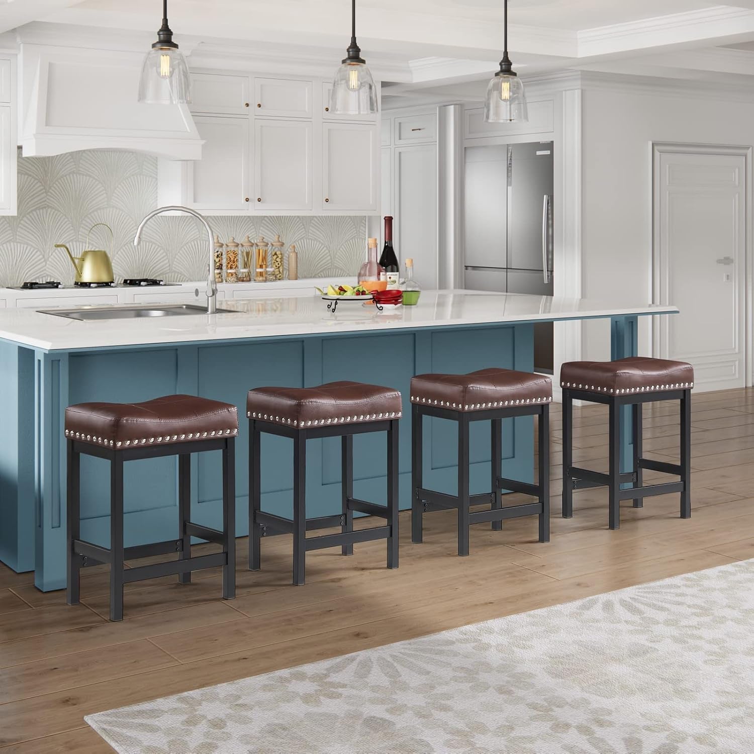 Brown PU Leather Bar Stools Set Of 2 For Kitchen Island