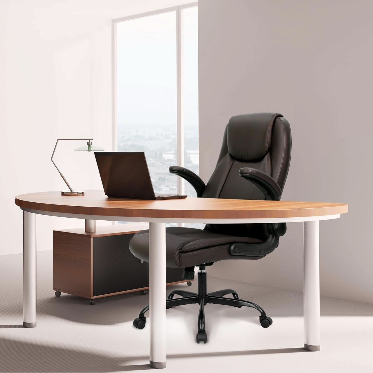 Brown PU Leather Office Chair With Adjustable Height