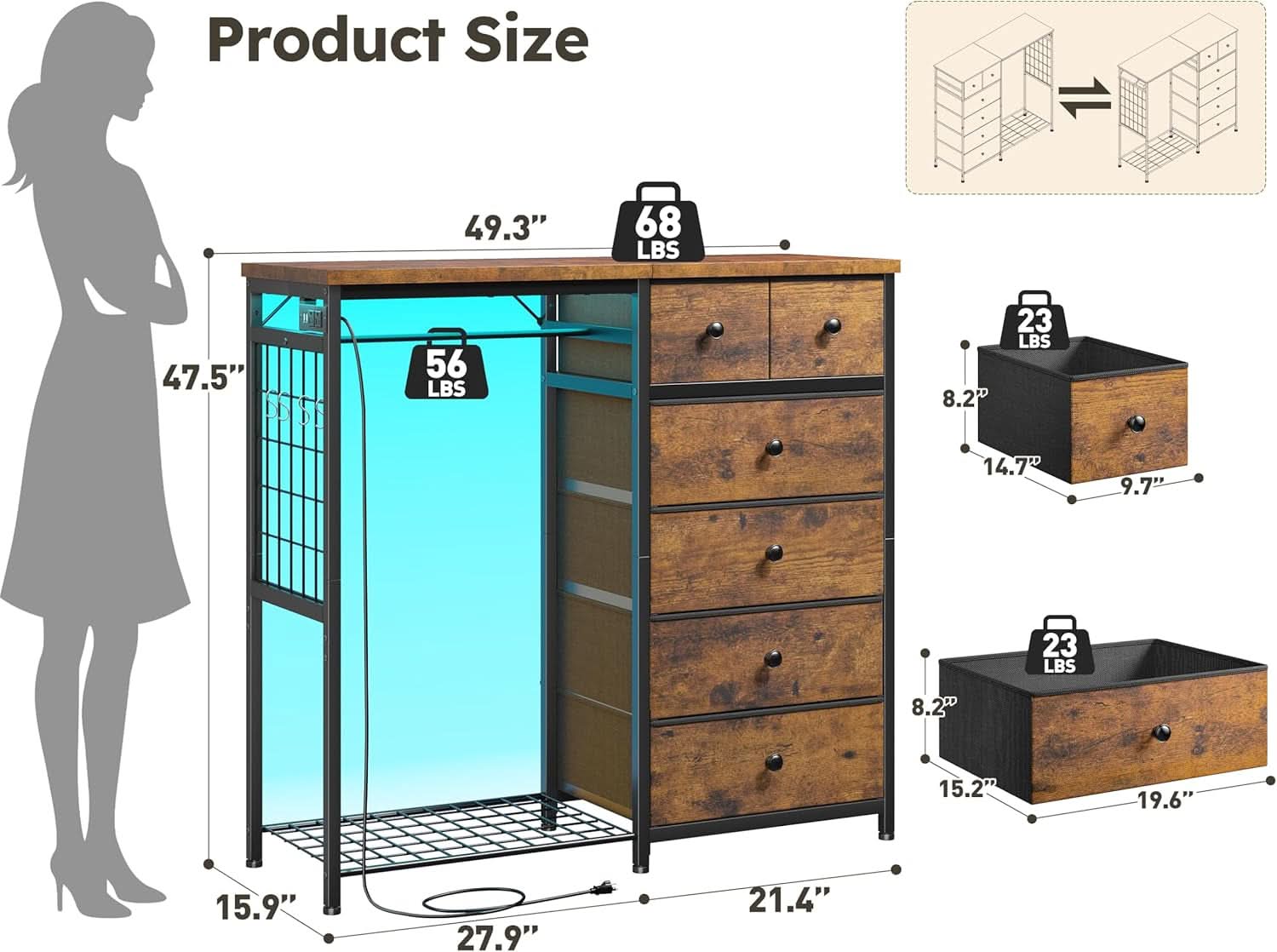 Brown Walnut Storage Dresser With RGB Lighting 49 Inch Wide