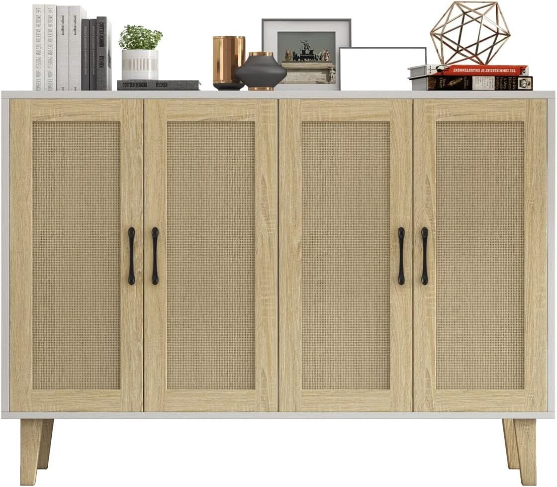 Buffet Storage Cabinet White Rattan Decor 4 Doors 48 Inch