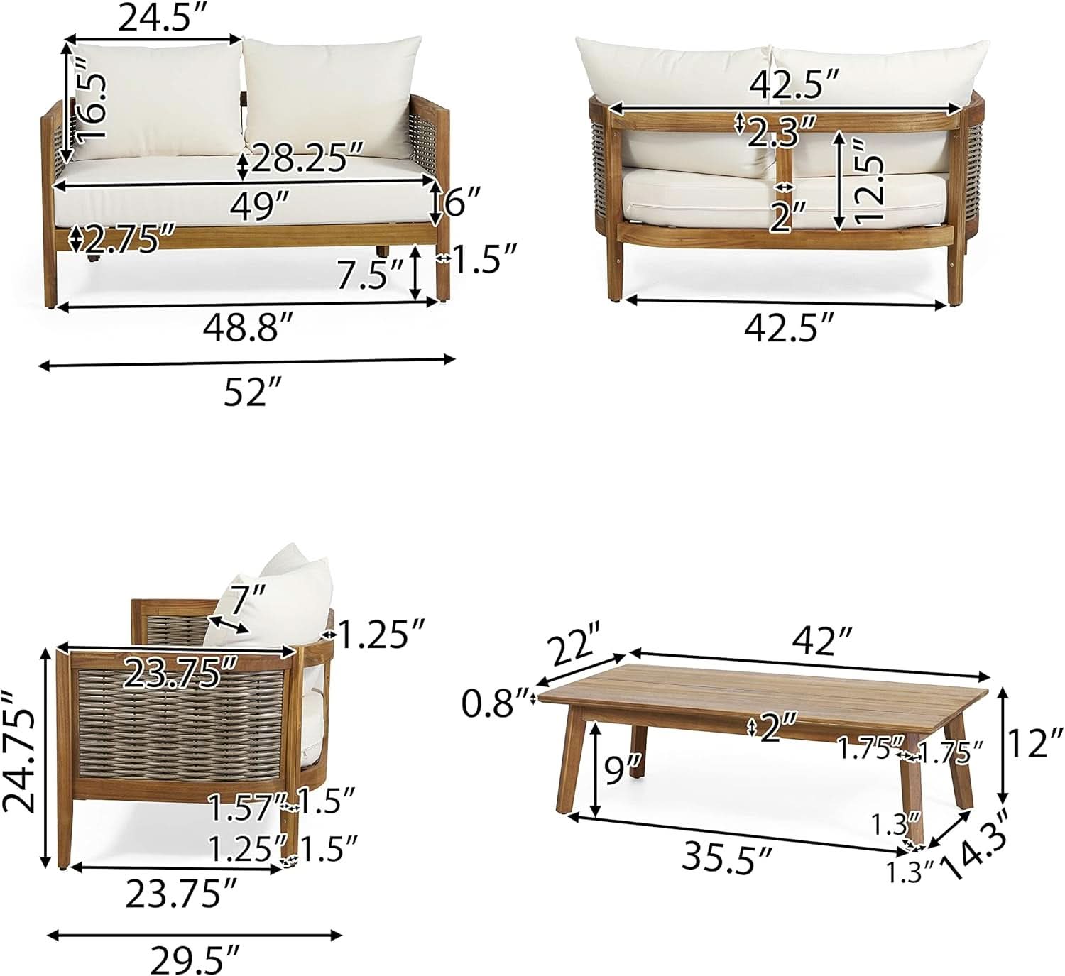 Burchett Outdoor 4 Piece Chat Set Acacia Wood And Wicker Teak Brown Beige