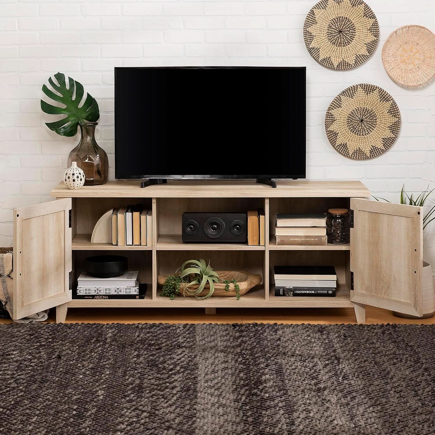 Buren 58 Inch White Oak Grooved Door TV Stand 65 Inch TV