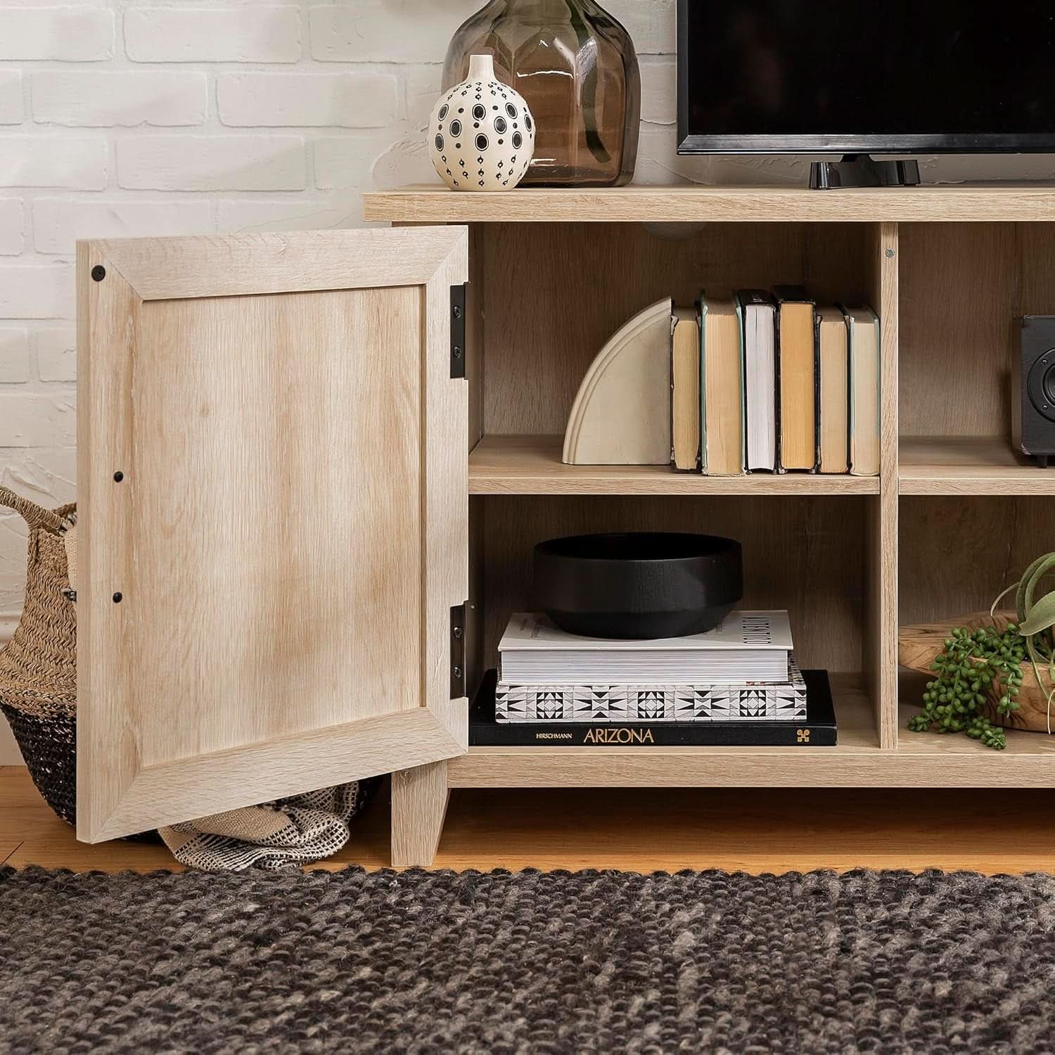 Buren 58 Inch White Oak Grooved Door TV Stand 65 Inch TV