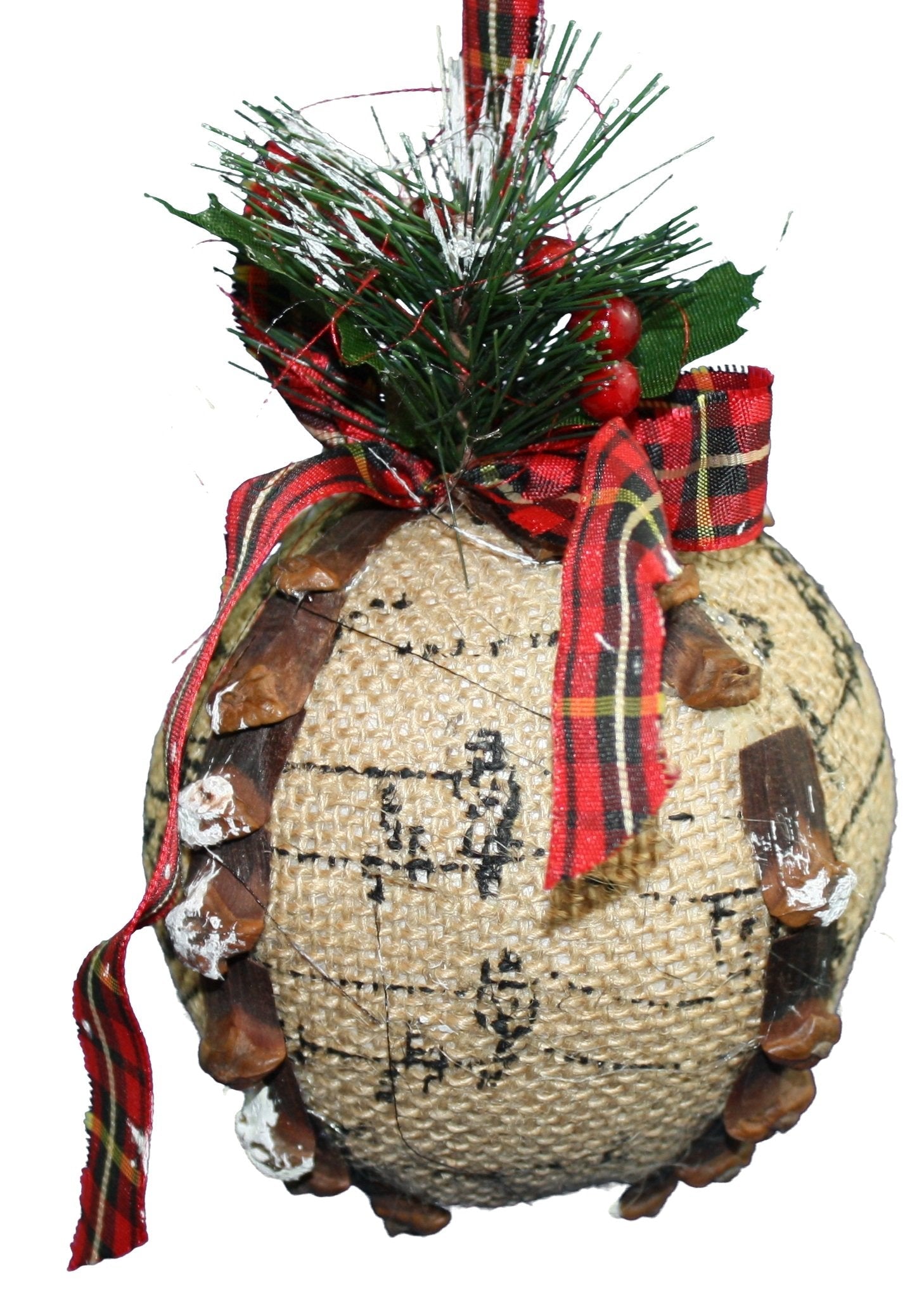 Burlap Ball Holiday Ornament - Red Black and Gold Ribbon