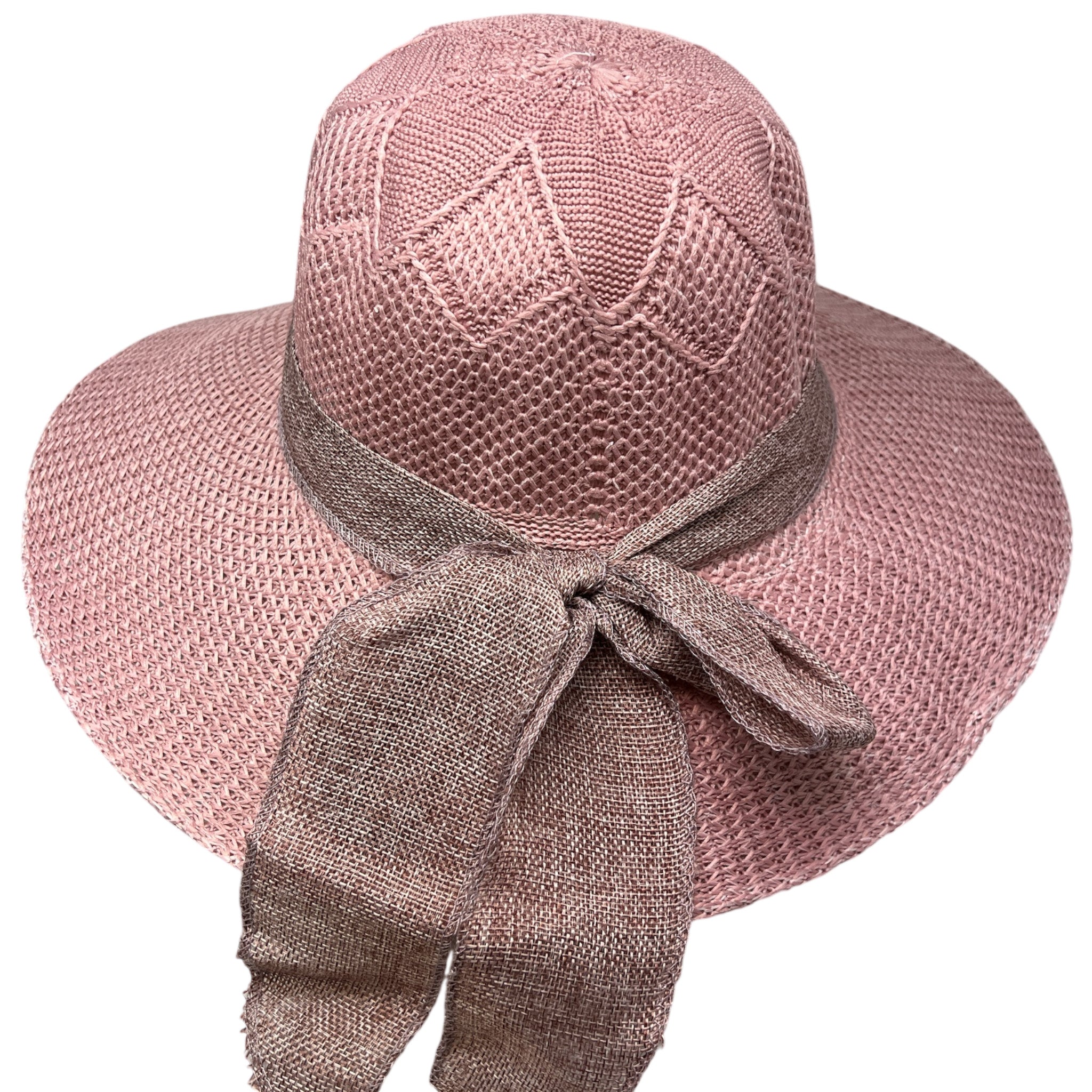 Burlap Ribbon Chiffon Crochet Woven Derby Sun Hat -Pink
