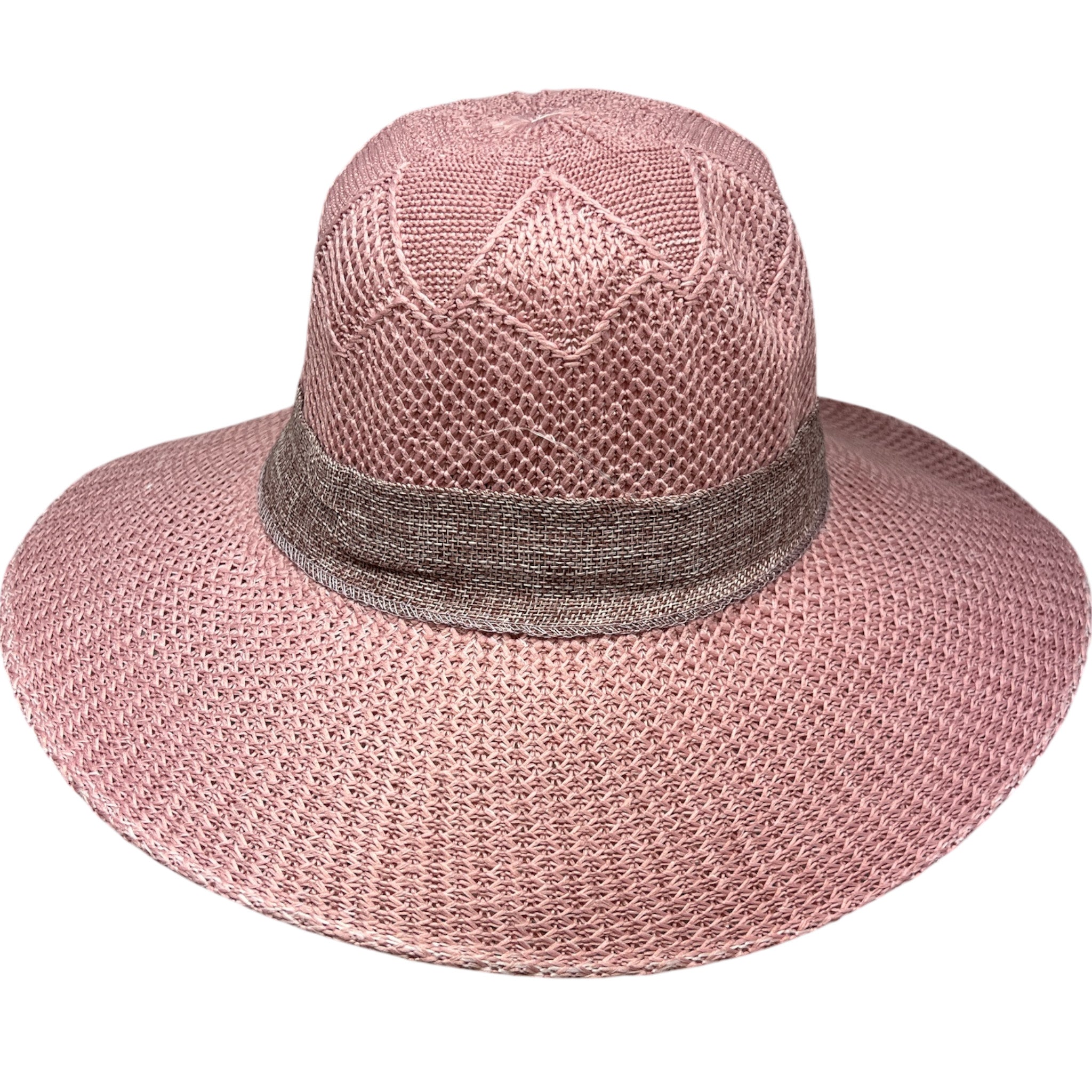 Burlap Ribbon Chiffon Crochet Woven Derby Sun Hat -Pink