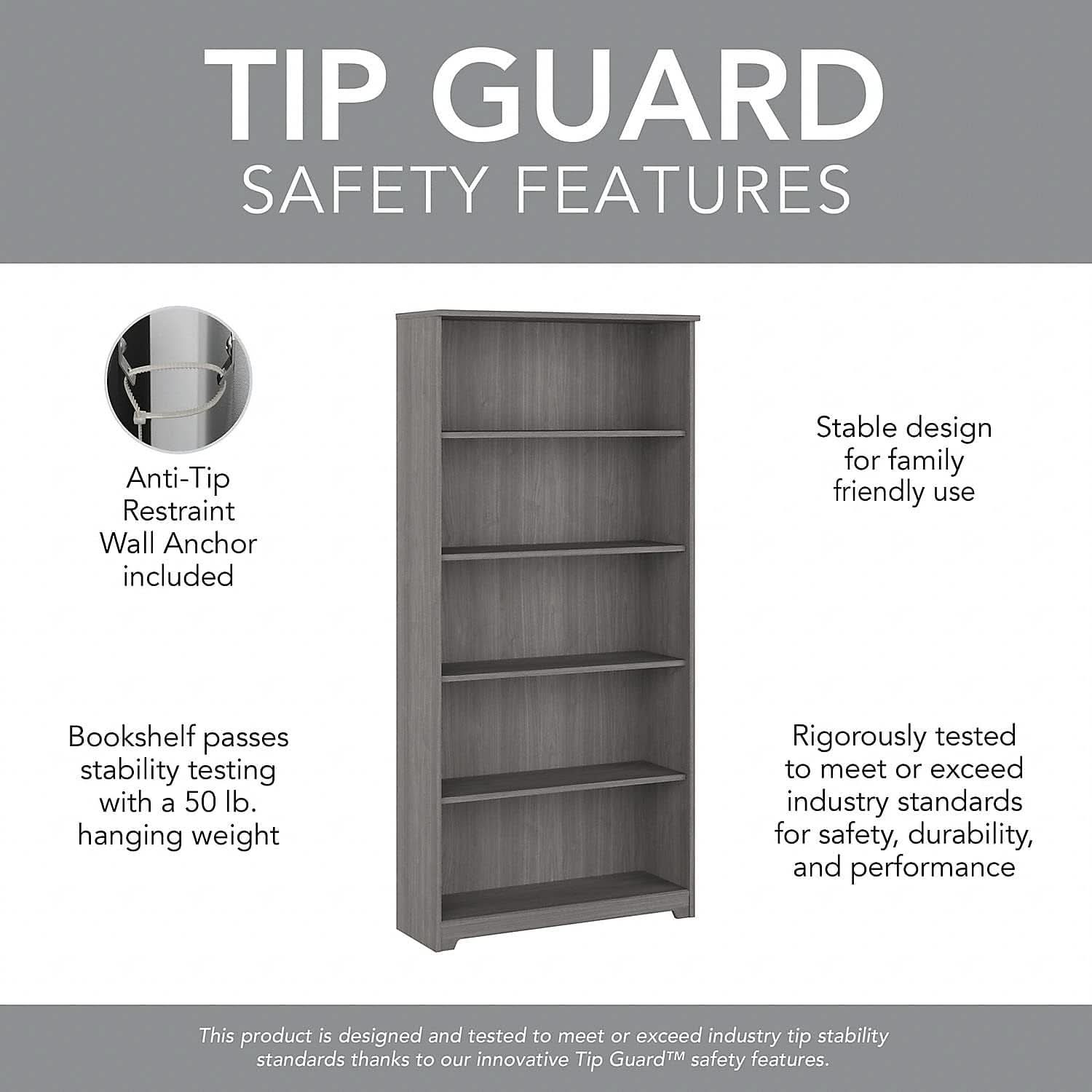 Bush Furniture Cabot Tall 5 Shelf Bookcase Modern Gray
