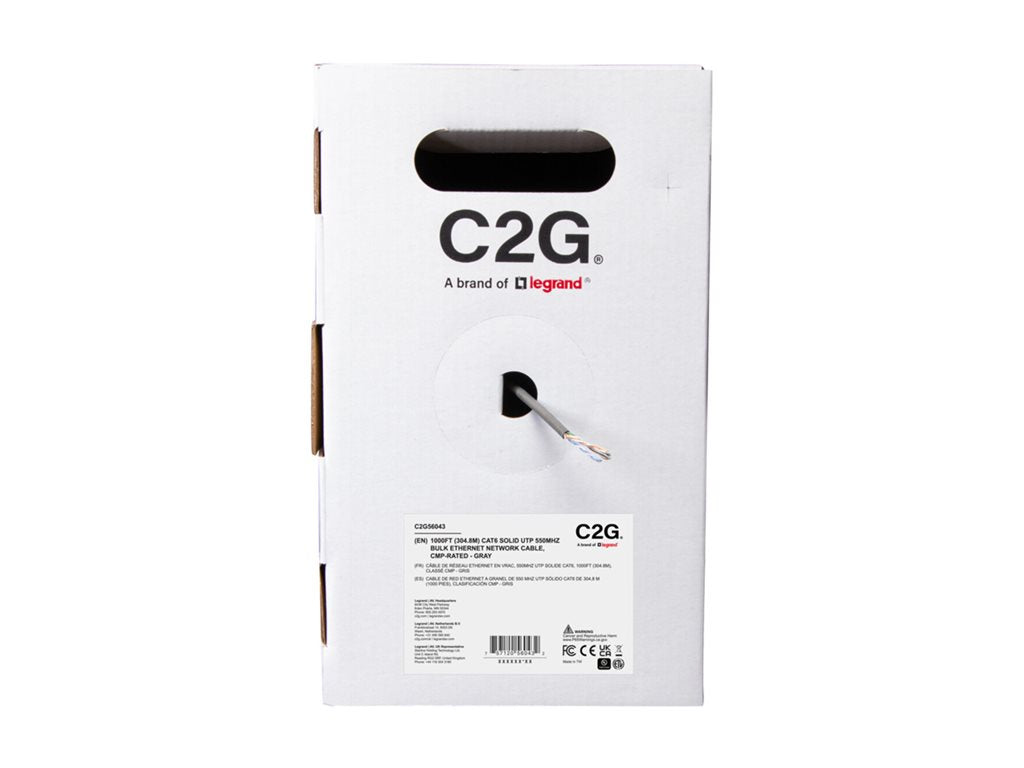 C2G 1000ft (304.8m) TAA-Compliant Cat6 Bulk Unshielded (UTP) Ethernet Network Cable with Solid Conductors-Plenum CMP-Rated - C2G56043