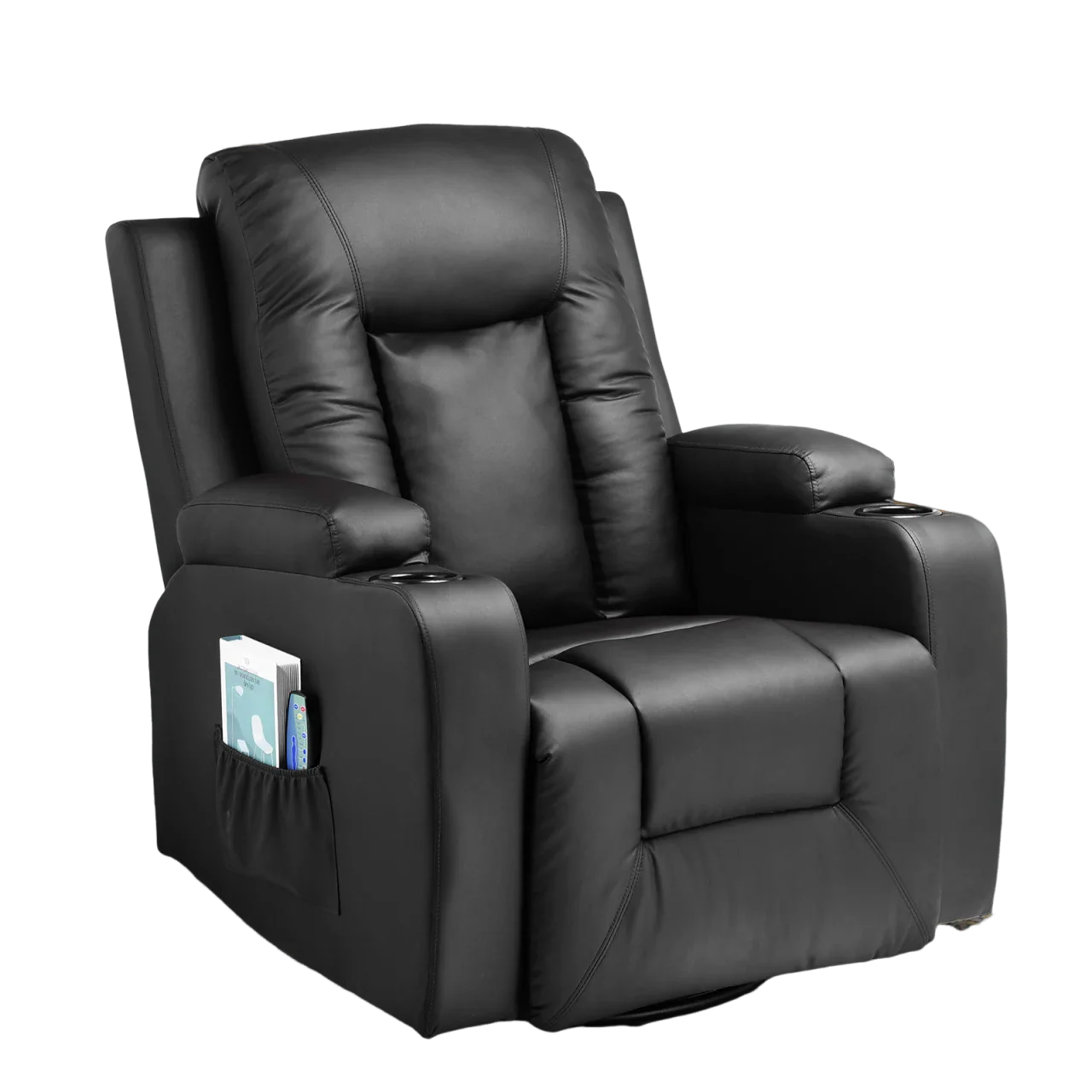 COMHOMA Recliner Chair, PU Rocking Chair for Adults, Swivel Recliner with Cup Holders, Heat and Massage, Single Sofa Seat with Side Pockets for Living Room, Bedroom (Black)