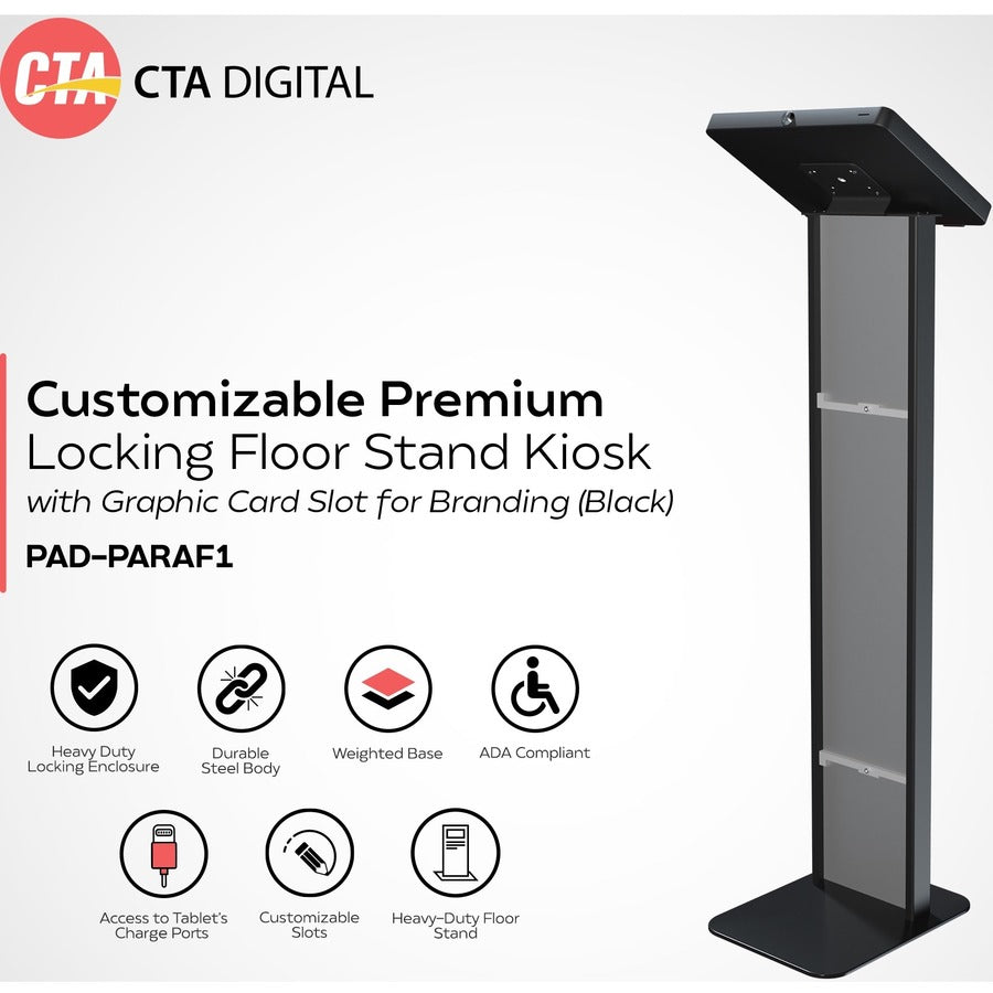 CTA Digital Customizable Premium Locking Floor Stand Kiosk with Graphic Card Slot for branding for 10.2-in iPad 7th/ 8th/ 9th Gen & More (Black) PAD-PARAF1