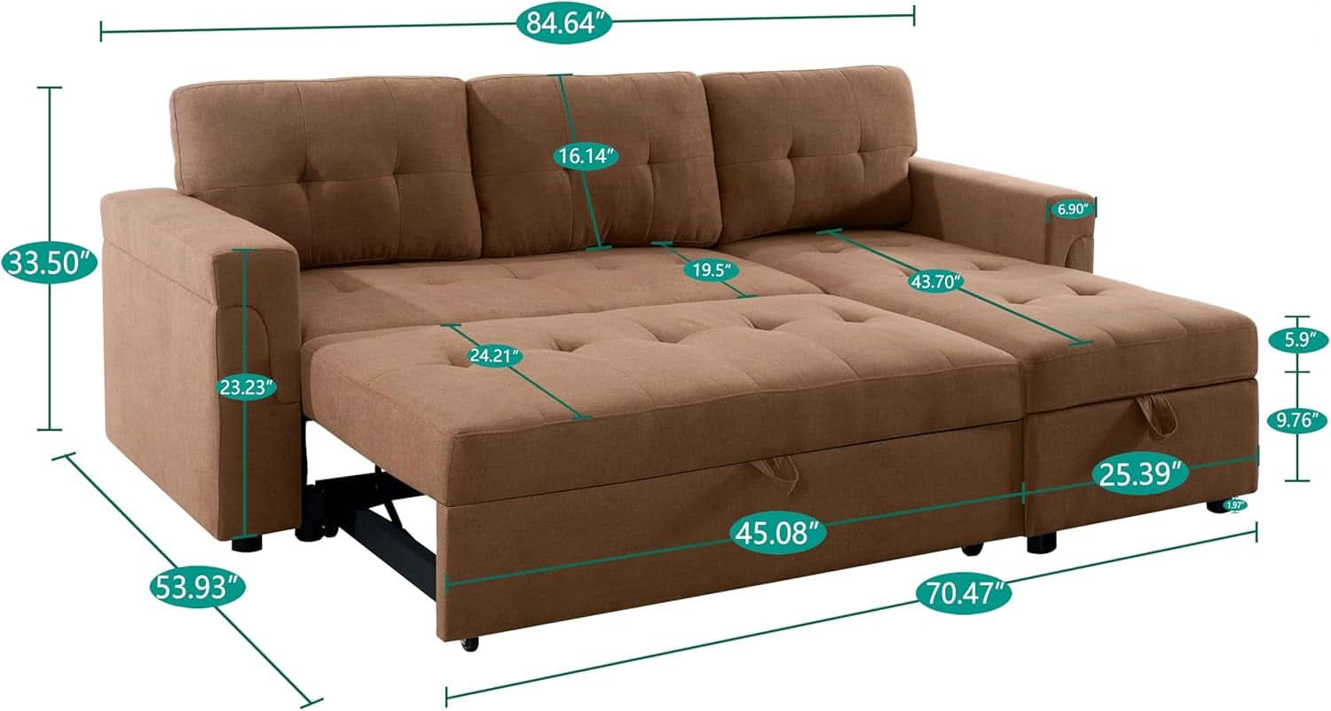 Caramel Sleeper Sofa With Storage Chaise Modern Comfort