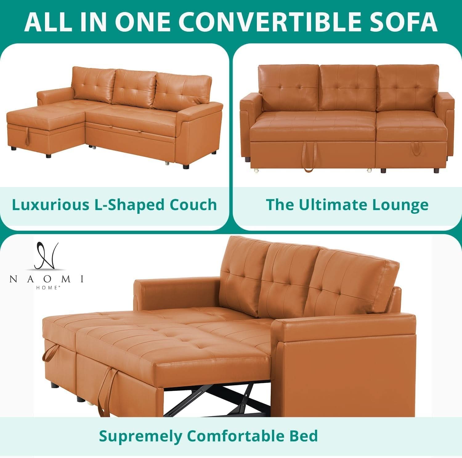 Caramel Sleeper Sofa With Storage Chaise Modern Comfort