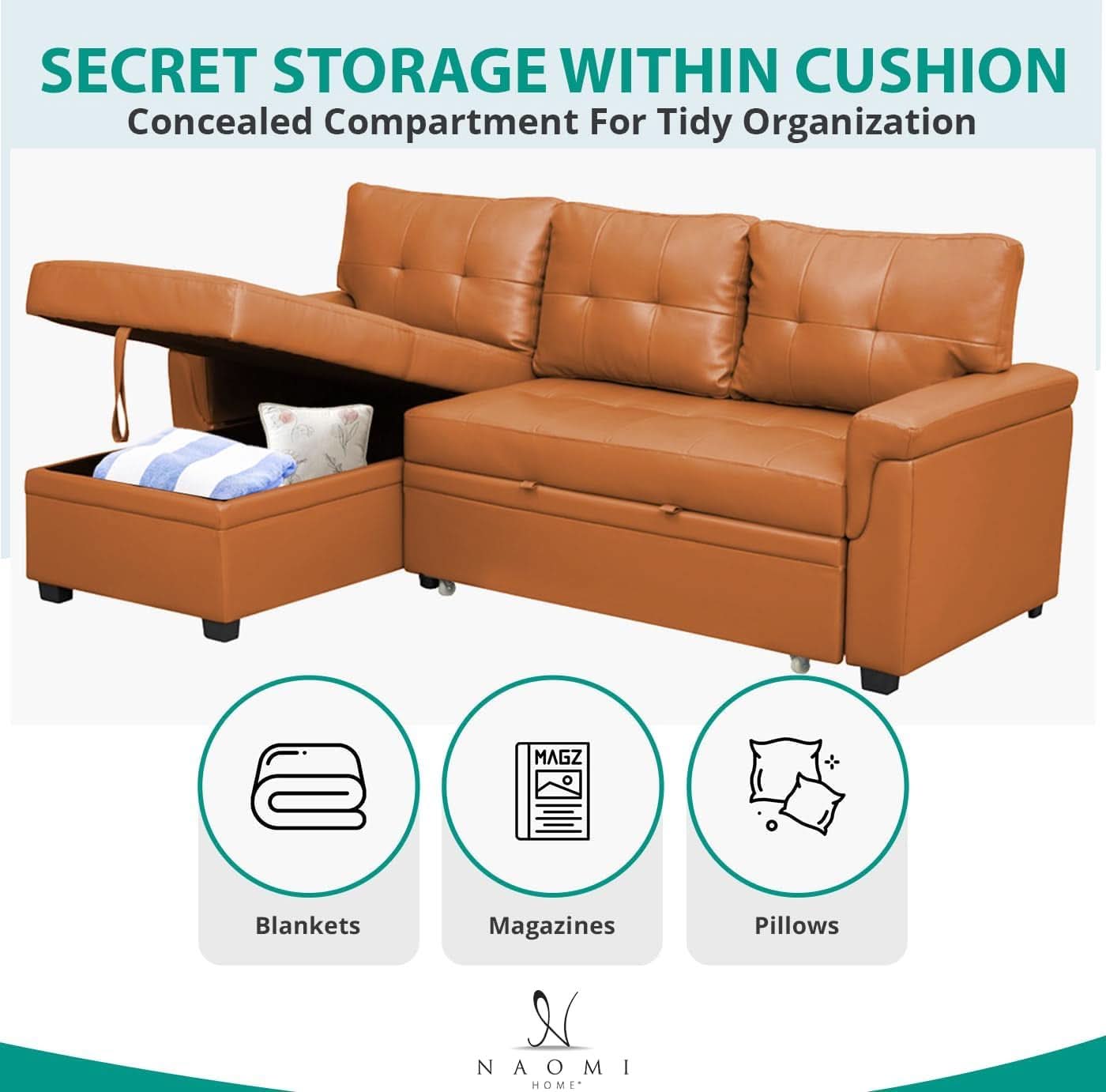 Caramel Sleeper Sofa With Storage Chaise Modern Comfort