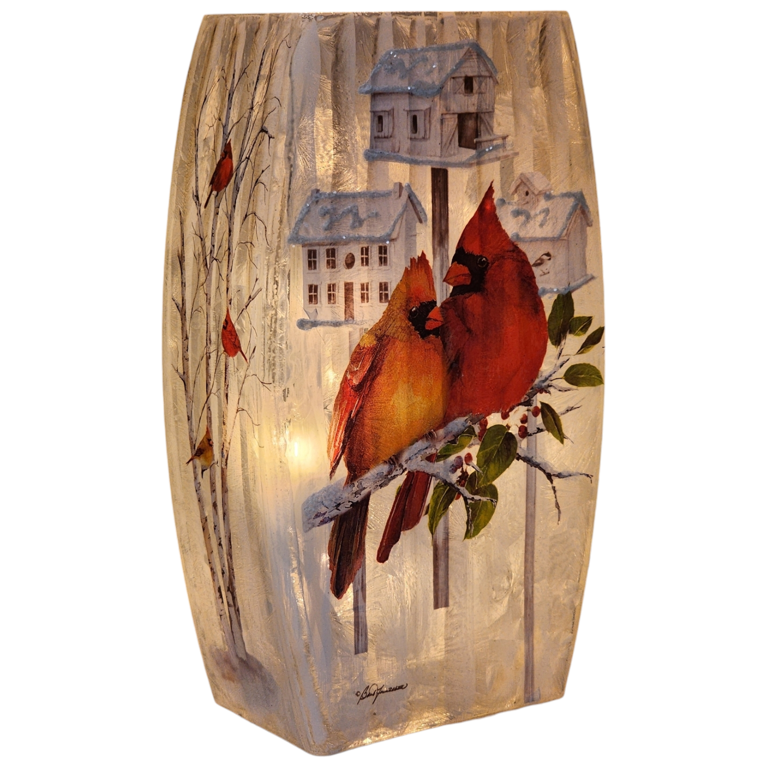 Cardinal Birdhouses Prelit Glass Vase - 2 Cardinals